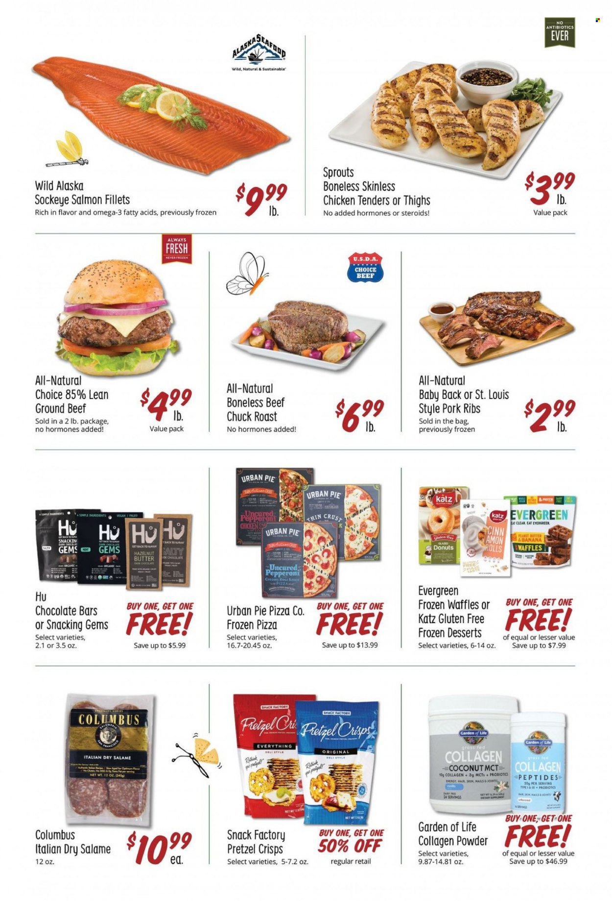 thumbnail - Sprouts Flyer - 02/01/2023 - 02/07/2023 - Sales products - donut, waffles, coconut, salmon, salmon fillet, seafood, pizza, chicken tenders, Urban Pie, butter, snack, chocolate bar, pretzel crisps, beef meat, ground beef, chuck roast, ribs, pork meat, pork ribs, pork back ribs, probiotics. Page 2.