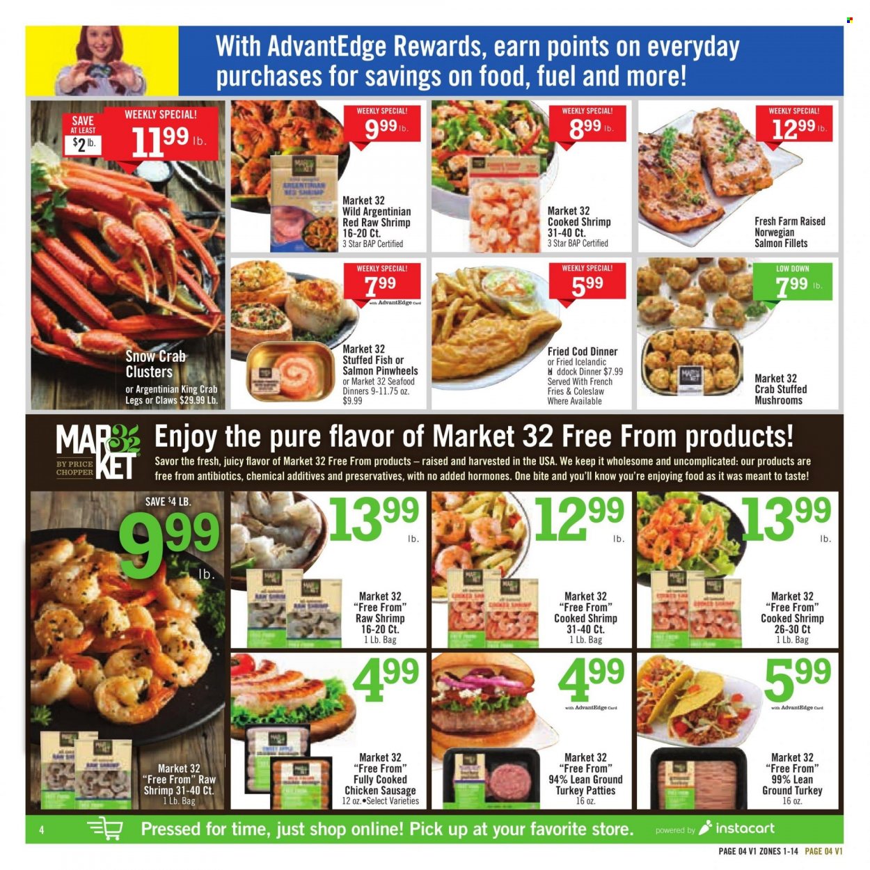thumbnail - Price Chopper Flyer - 01/29/2023 - 02/04/2023 - Sales products - mushrooms, cod, salmon fillet, king crab, seafood, crab legs, crab, fish, shrimps, coleslaw, sausage, chicken sausage, potato fries, french fries, Mars, ground turkey. Page 4.