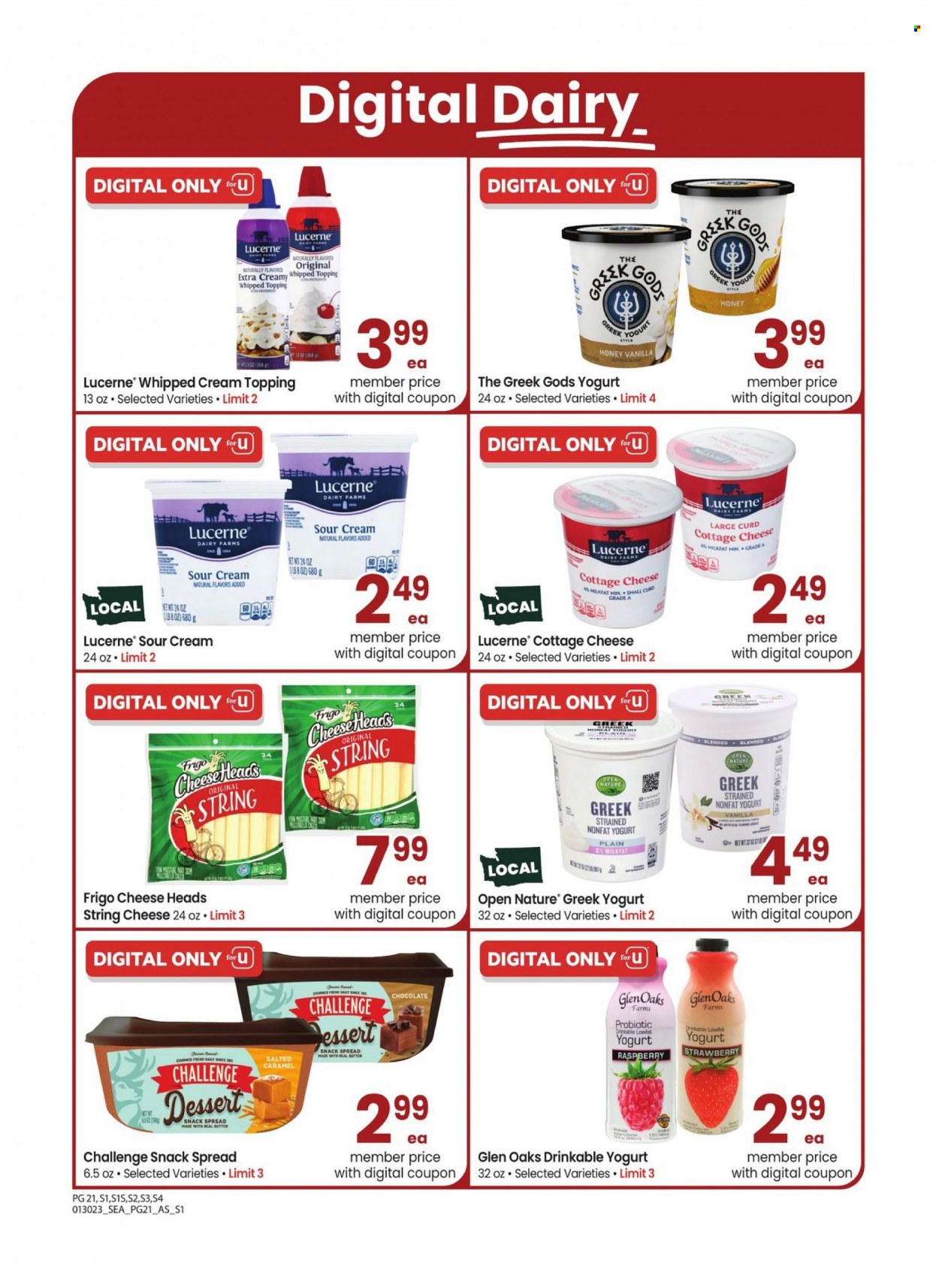 thumbnail - Safeway Flyer - 01/30/2023 - 02/26/2023 - Sales products - cottage cheese, string cheese, cheese, curd, greek yoghurt, yoghurt, sour cream, whipped cream, chocolate, snack, topping, honey. Page 21.