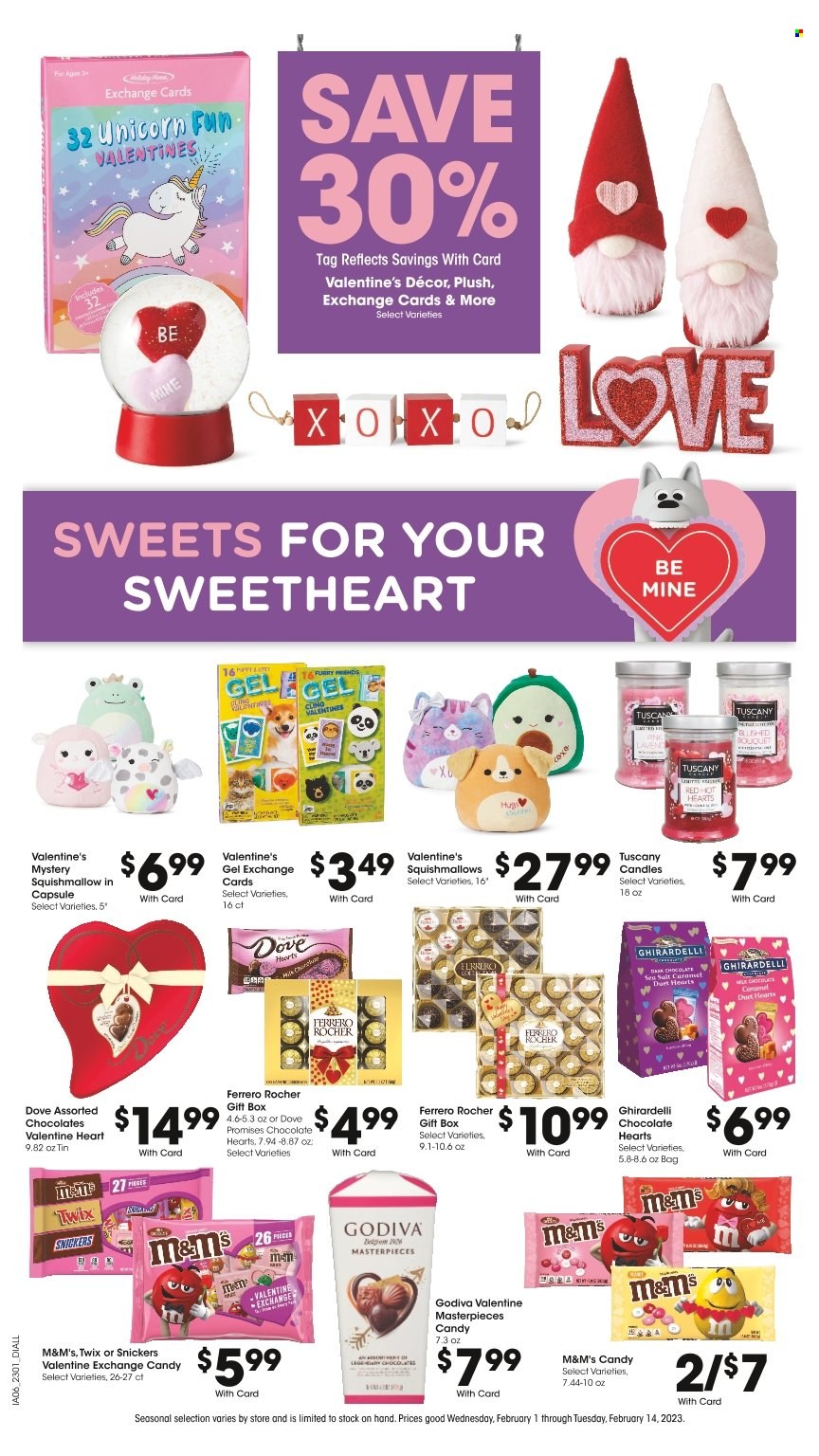 thumbnail - Baker's Flyer - 02/01/2023 - 02/07/2023 - Sales products - milk, Dove, chocolate, Ferrero Rocher, Snickers, Twix, M&M's, Godiva, dark chocolate, Ghirardelli, Dove Promises, Camel, gift box, candle, Squishmallows, bouquet. Page 8.