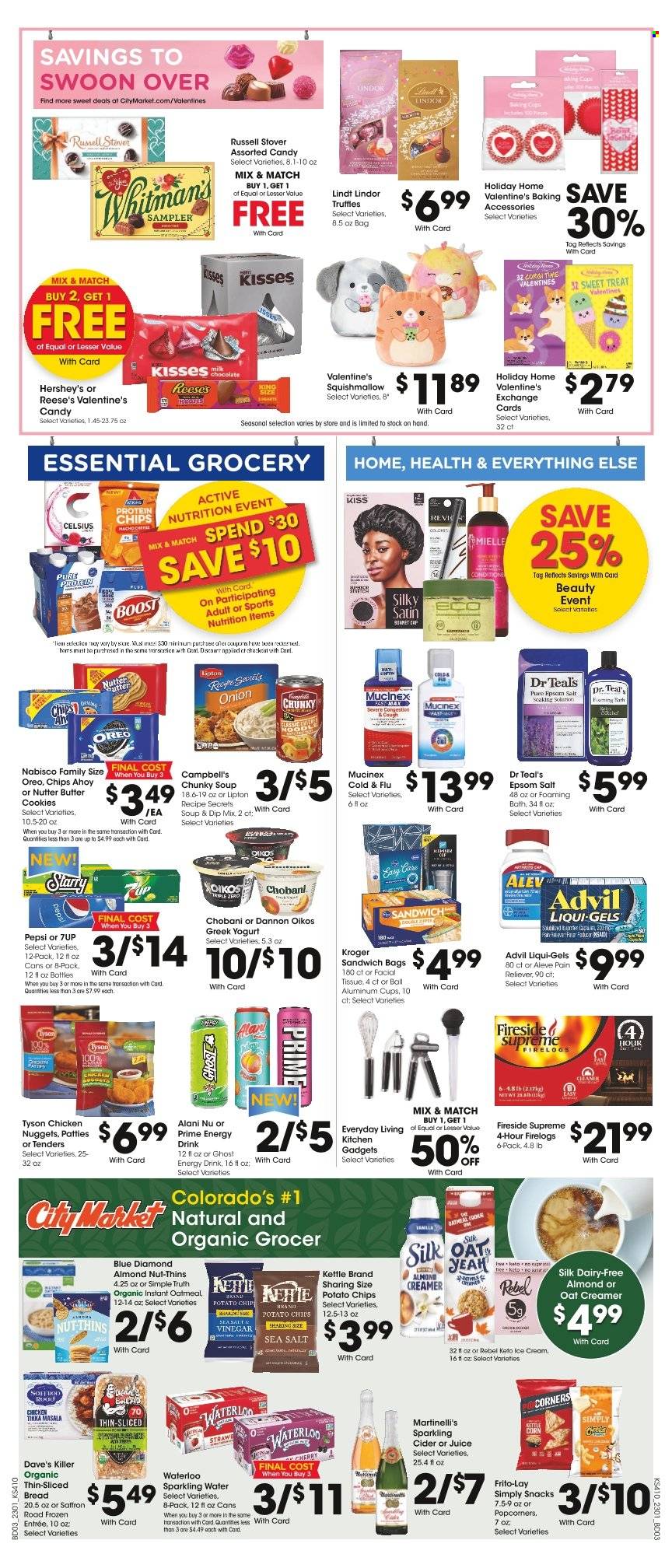 thumbnail - City Market Flyer - 02/01/2023 - 02/07/2023 - Sales products - bread, corn, cherries, Campbell's, soup, nuggets, chicken nuggets, noodles, Tikka Masala, cheese, greek yoghurt, Oreo, yoghurt, Oikos, Chobani, Dannon, Silk, creamer, almond creamer, ice cream, Reese's, Hershey's, Enlightened lce Cream, cookies, butter cookies, snack, Lindt, Lindor, truffles, potato chips, Thins, popcorn, Frito-Lay, oatmeal, Blue Diamond, Pepsi, juice, energy drink, Lipton, 7UP, sparkling water, Boost, sparkling cider, sparkling wine, cider, tissues, Mielle, cup, Squishmallows, Aleve, Cold & Flu, Mucinex, Advil Rapid. Page 5.