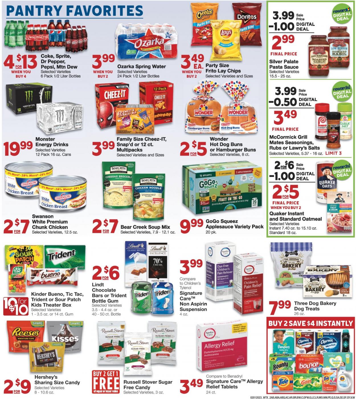 thumbnail - Market Street Flyer - 02/01/2023 - 02/07/2023 - Sales products - buns, burger buns, pasta sauce, soup mix, soup, sauce, Quaker, noodles, cheese, Reese's, Hershey's, fudge, Lindt, Bounty, Kinder Bueno, Tic Tac, Trident, Sour Patch, chocolate bar, Doritos, Cheetos, chips, Lay’s, Cheez-It, oatmeal, oats, apple sauce, Coca-Cola, Mountain Dew, Sprite, Pepsi, energy drink, Monster, Dr. Pepper, Monster Energy, spring water, chicken breasts, Charmin, Gain, Tide, Bounce, cup, cage, Tylenol, pain relief, aspirin, allergy relief. Page 2.