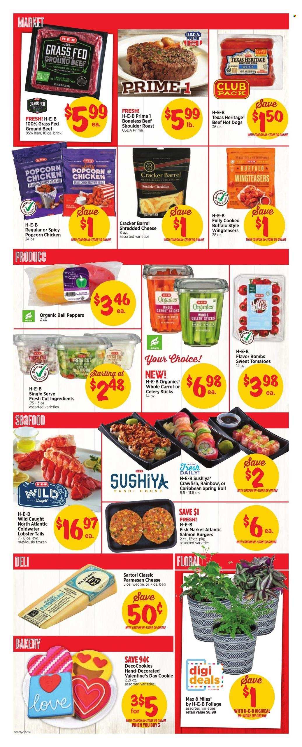 thumbnail - H-E-B Flyer - 02/01/2023 - 02/07/2023 - Sales products - tomatoes, lobster, salmon, seafood, lobster tail, hot dog, hamburger, fried chicken, shredded cheese, cheddar, parmesan, crawfish, crackers, popcorn, celery sticks, beef meat, ground beef. Page 2.