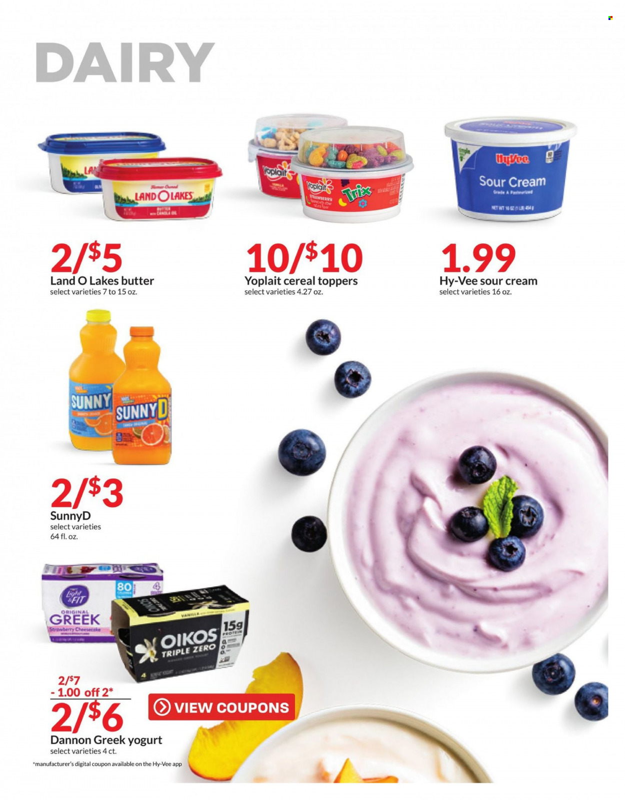 thumbnail - Hy-Vee Flyer - 02/01/2023 - 02/07/2023 - Sales products - greek yoghurt, yoghurt, Oikos, Yoplait, Dannon, butter, sour cream, cereals, Trix. Page 16.