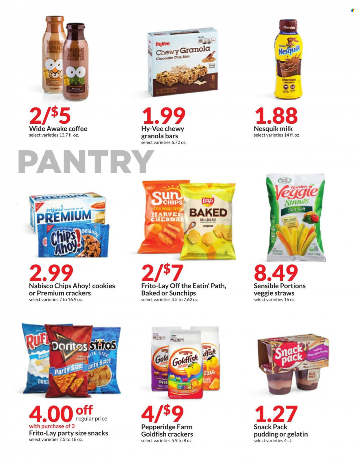 thumbnail - Hy-Vee Flyer - 02/01/2023 - 02/07/2023 - Sales products - cheese, pudding, Nesquik, milk, cookies, crackers, Chips Ahoy!, Doritos, chips, Lay’s, Goldfish, Frito-Lay, veggie straws, granola bar, coffee, gelatin. Page 24.