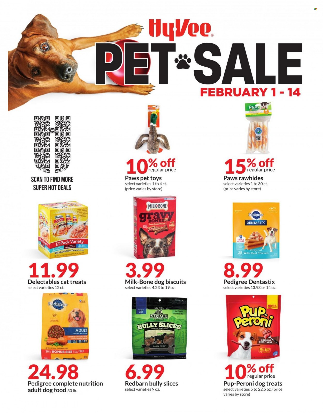 thumbnail - Hy-Vee Flyer - 02/01/2023 - 02/14/2023 - Sales products - chicken roast, milk, animal food, Paws, animal treats, dog food, dog biscuits, Dentastix, Pedigree, dog chews, Pup-Peroni. Page 1.