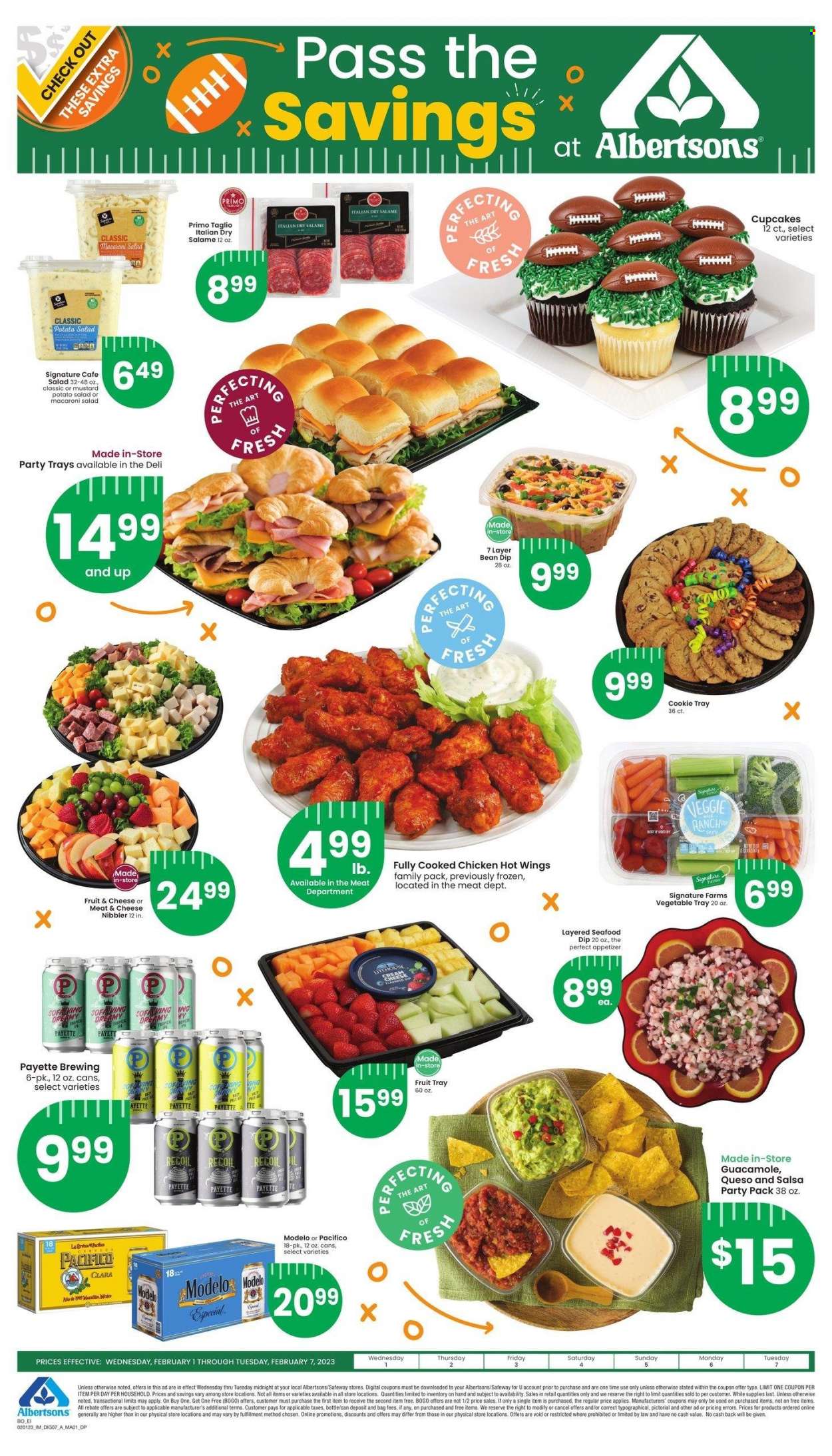 thumbnail - Albertsons Flyer - 02/01/2023 - 02/07/2023 - Sales products - cupcake, seafood, guacamole, potato salad, macaroni salad, dip, mustard, salsa, Modelo. Page 1.
