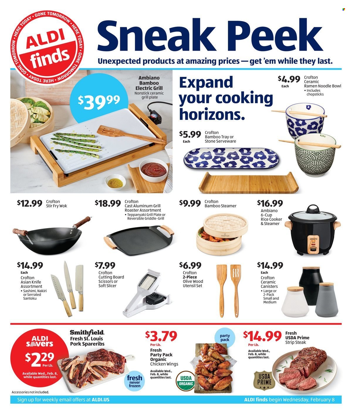 thumbnail - ALDI Flyer - 02/08/2023 - 02/14/2023 - Sales products - ramen, noodles, chicken wings, beef meat, steak, striploin steak, pork spare ribs, knife, cutting board, plate, slicer, wok, rice cooker, cup, serveware, scissors, roaster, grill. Page 1.