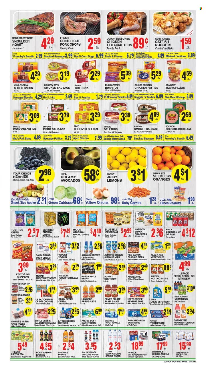 thumbnail - Arlan's Market Flyer - 02/01/2023 - 02/07/2023 - Sales products - tortillas, cake, Father's Table, flour tortillas, donut, beans, cabbage, carrots, corn, potatoes, onion, avocado, oranges, catfish, tilapia, shrimps, catfish nuggets, hot dog, pizza, pasta sauce, sauce, fried chicken, taquitos, bacon, salami, ham, chorizo, sausage, smoked sausage, pork sausage, yoghurt, almond milk, milk, Almond Breeze, sour cream, dip, Blue Bell, chicken patties, Red Baron, cookies, wafers, snack, crackers, biscuit, Fritos, Cheetos, Thins, Tostitos, cereals, salsa, peanuts, apple juice, Mountain Dew, Pepsi, juice, Body Armor, energy drink, Monster, Lipton, 7UP, Monster Energy, Snapple, A&W, Bai, spring water, Evian, tea, beer, Corona Extra, Miller, Mac’s, Modelo, chicken legs, pork chops, pork meat, Dos Equis, Michelob, lemons. Page 2.
