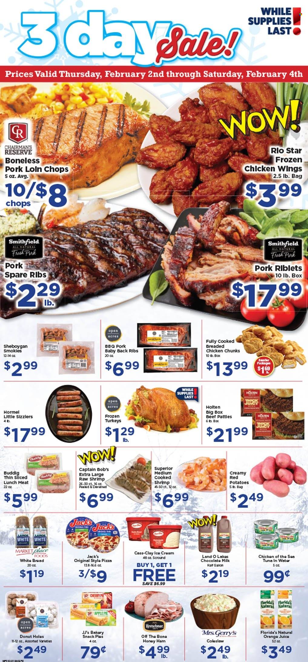 thumbnail - Marketplace Foods Flyer - 02/01/2023 - 02/07/2023 - Sales products - pie, apple pie, donut holes, cherry pie, potatoes, red potatoes, tuna, shrimps, coleslaw, pizza, fried chicken, Hormel, ham, lunch meat, milk, ice cream, chicken wings, milk chocolate, snack, Florida's Natural, tuna in water, Chicken of the Sea, orange juice, juice, ribs, pork chops, pork loin, pork meat, pork ribs, pork spare ribs, pork back ribs. Page 8.