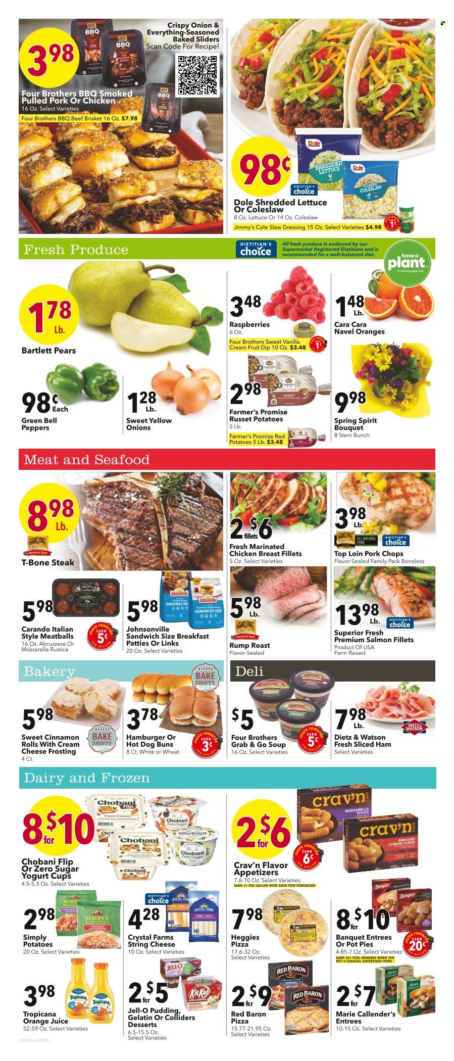 thumbnail - Cash Wise Flyer - 02/01/2023 - 02/07/2023 - Sales products - buns, pot pie, russet potatoes, potatoes, Dole, red potatoes, shredded lettuce, Bartlett pears, pears, salmon, salmon fillet, seafood, coleslaw, pizza, meatballs, soup, Marie Callender's, pulled pork, Four Brothers, ham, Johnsonville, Dietz & Watson, string cheese, pudding, yoghurt, Chobani, Red Baron, Jell-O, cinnamon, dressing, orange juice, juice, marinated chicken, beef meat, t-bone steak, steak, beef brisket, pork chops, pork meat, navel oranges. Page 2.