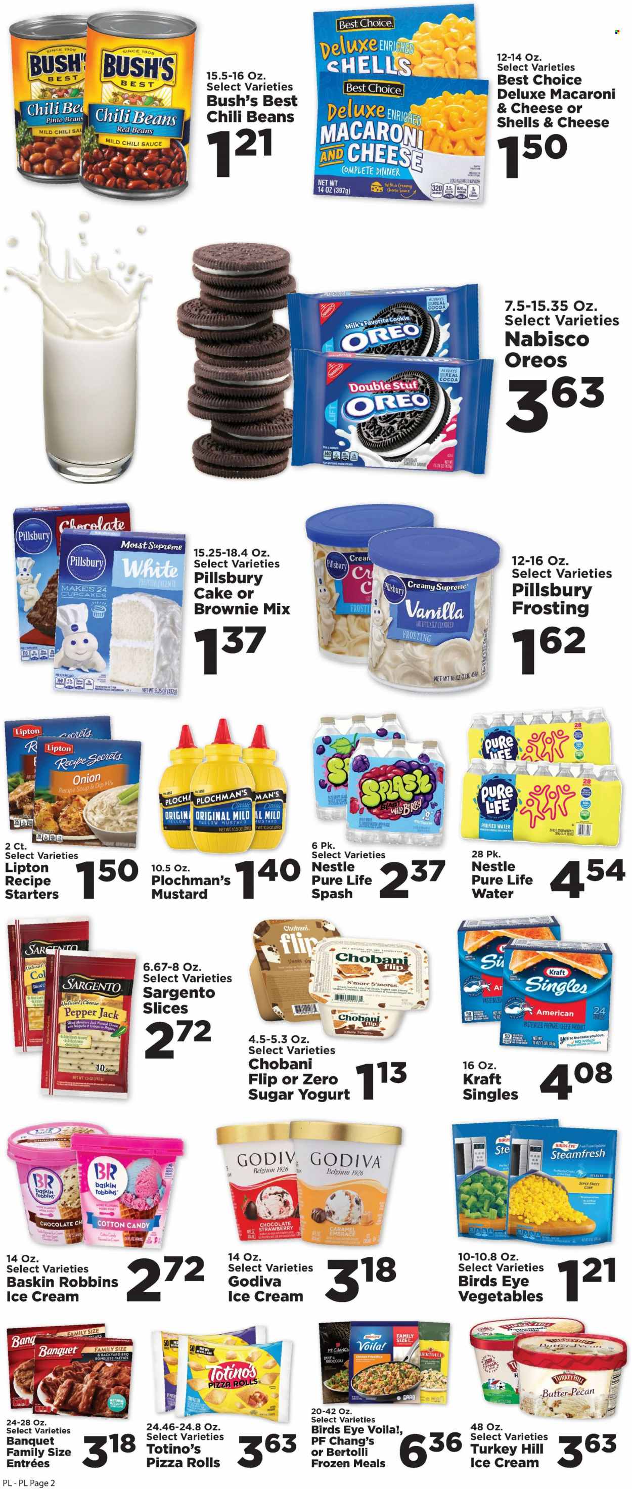 thumbnail - Price Less Foods Flyer - 02/01/2023 - 02/07/2023 - Sales products - cake, pizza rolls, cupcake, brownie mix, corn, jalapeño, macaroni & cheese, pizza, sandwich, soup, Pillsbury, Bird's Eye, Kraft®, Bertolli, Monterey Jack cheese, sandwich slices, Pepper Jack cheese, Kraft Singles, Sargento, greek yoghurt, Oreo, yoghurt, Chobani, frozen vegetables, cookies, graham crackers, milk chocolate, Nestlé, sandwich cookies, Godiva, cotton candy, crackers, cocoa, frosting, red beans, pinto beans, chili beans, caramel, mustard, chilli sauce, Lipton, flavored water, purified water, Pure Life Water. Page 3.