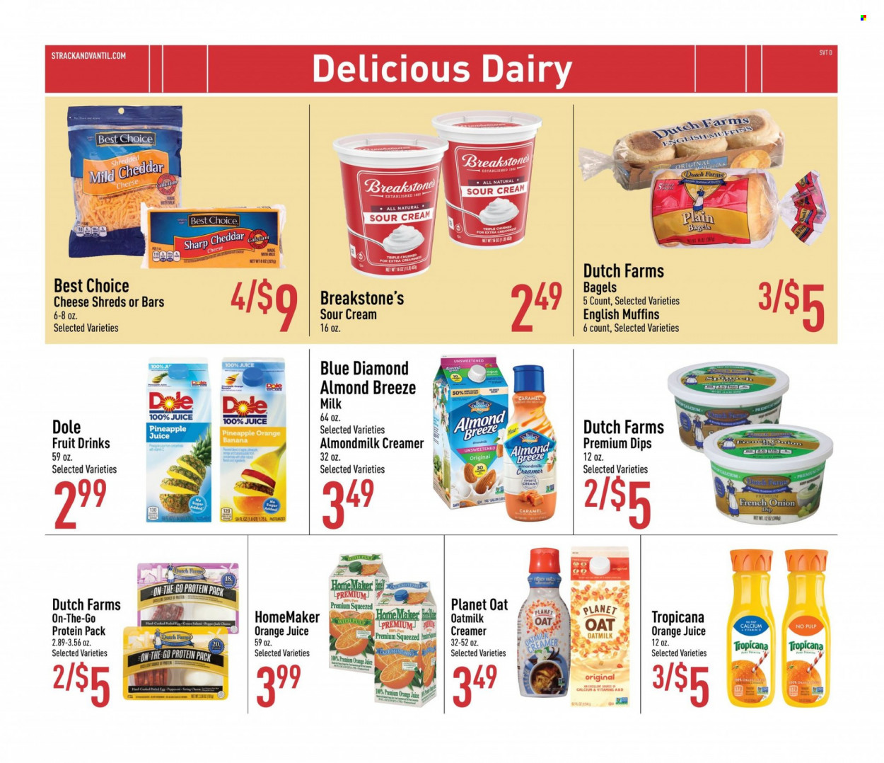 thumbnail - Strack & Van Til Flyer - 02/01/2023 - 02/28/2023 - Sales products - bagels, english muffins, onion, Dole, pineapple, salami, pepperoni, mild cheddar, string cheese, cheddar, Pepper Jack cheese, cheese, almond milk, milk, Almond Breeze, oat milk, eggs, sour cream, creamer, Blue Diamond, pineapple juice, orange juice, juice. Page 6.