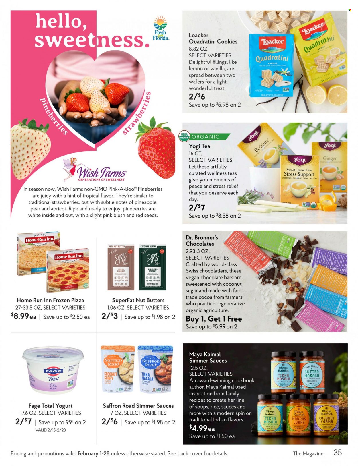 thumbnail - The Fresh Market Flyer - 02/01/2023 - 02/28/2023 - Sales products - ginger, strawberries, pears, pizza, Tikka Masala, pepperoni, yoghurt, cookies, wafers, chocolate bar, cocoa, coconut sugar, rice, coriander, nut butter, almonds, macadamia nuts, tea. Page 35.
