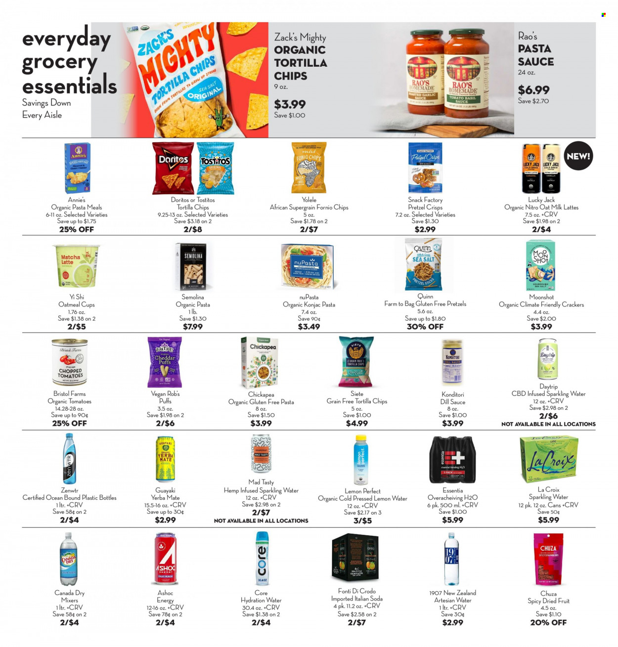 thumbnail - Bristol Farms Flyer - 02/01/2023 - 02/14/2023 - Sales products - pasta sauce, sauce, Annie's, milk, oat milk, snack, crackers, Doritos, tortilla chips, chips, Tostitos, pretzel crisps, semolina, oatmeal, dill, dried fruit, Canada Dry, soda, sparkling water. Page 4.
