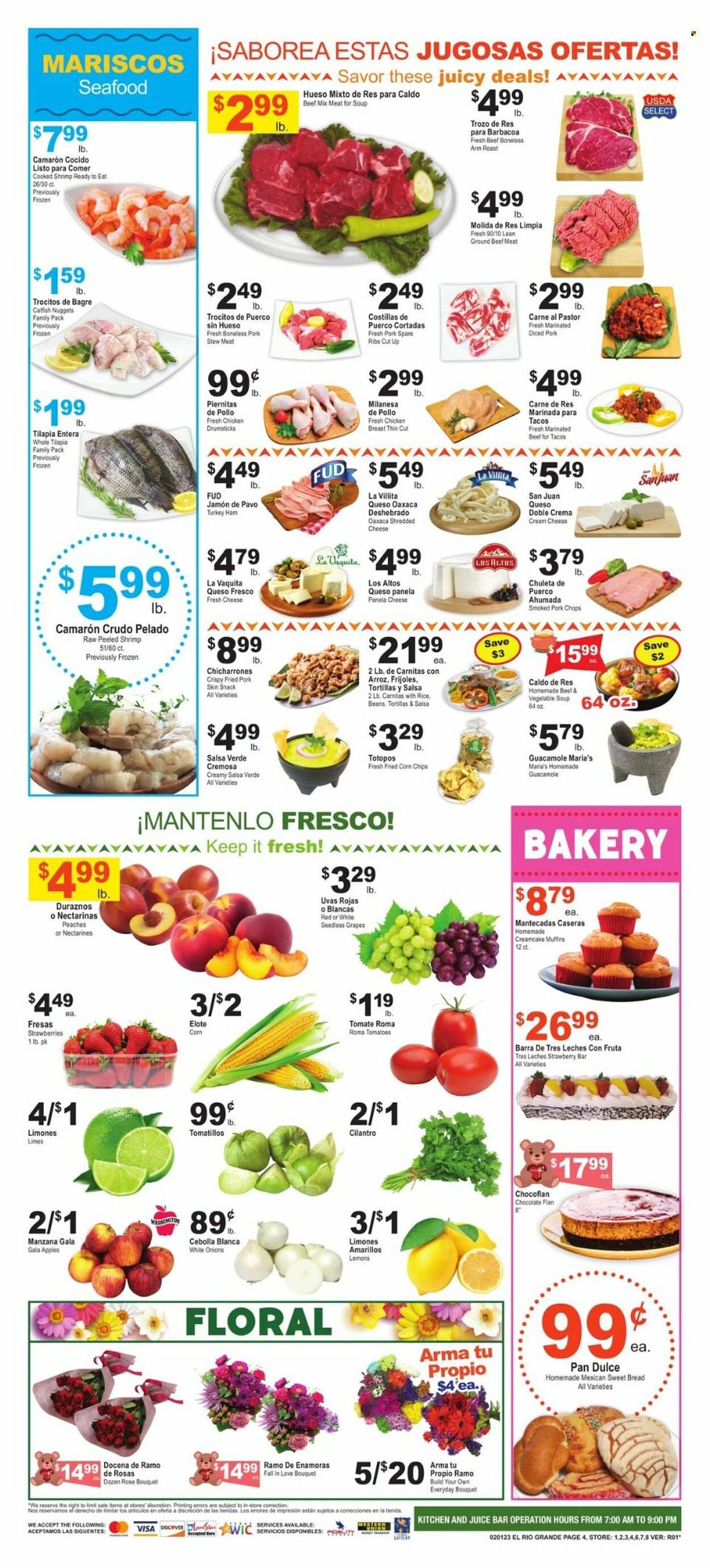thumbnail - El Rio Grande Flyer - 02/01/2023 - 02/07/2023 - Sales products - stew meat, bread, tortillas, sweet bread, muffin, tomatillo, tomatoes, apples, Gala, grapes, limes, seedless grapes, strawberries, catfish, tilapia, seafood, catfish nuggets, vegetable soup, soup, ham, guacamole, cream cheese, shredded cheese, queso fresco, Panela cheese, chocolate, snack, corn chips, cilantro, salsa, wine, rosé wine, chicken breasts, chicken drumsticks, beef meat, ground beef, marinated beef, ribs, pork chops, pork meat, pork ribs, pork spare ribs, nectarines, lemons, peaches. Page 4.