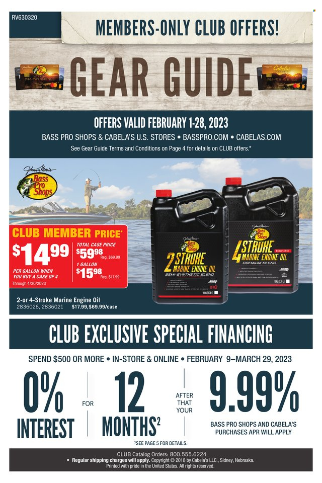 thumbnail - Bass Pro Shops Flyer - 02/01/2023 - 02/28/2023 - Sales products - Bass Pro, toys, motor oil, Quicksilver Marine Lubricants. Page 1.