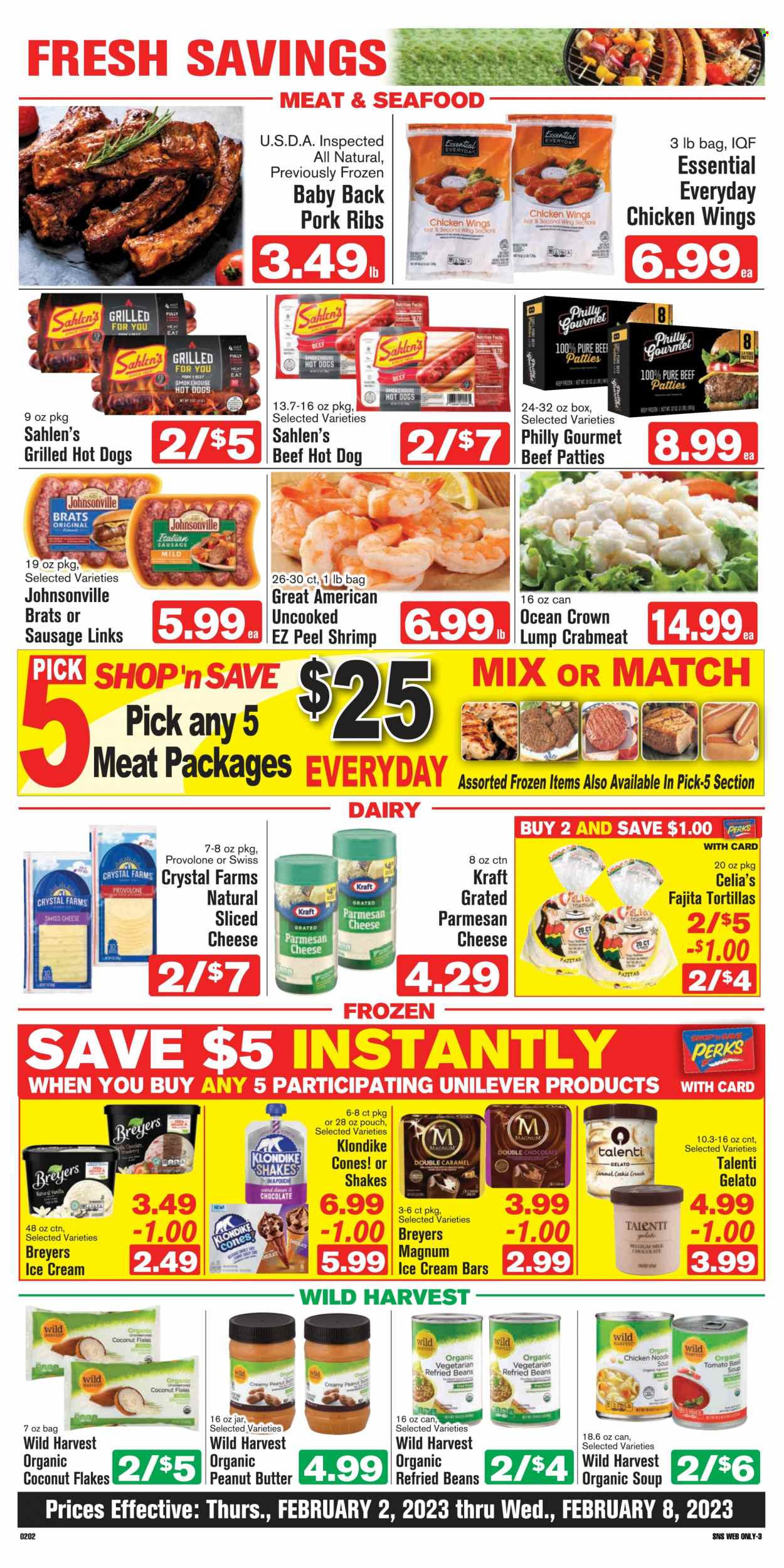 thumbnail - Shop ‘n Save Flyer - 02/02/2023 - 02/08/2023 - Sales products - tortillas, beans, Wild Harvest, chicken wings, ribs, Johnsonville, pork meat, pork ribs, pork back ribs, crab meat, seafood, shrimps, hot dog, soup, noodles cup, fajita, noodles, Kraft®, sausage, italian sausage, sliced cheese, swiss cheese, parmesan, cheese, grated cheese, Provolone, shake, ice cream, ice cream bars, Talenti Gelato, gelato, milk chocolate, refried beans, peanut butter, flaked coconut. Page 7.