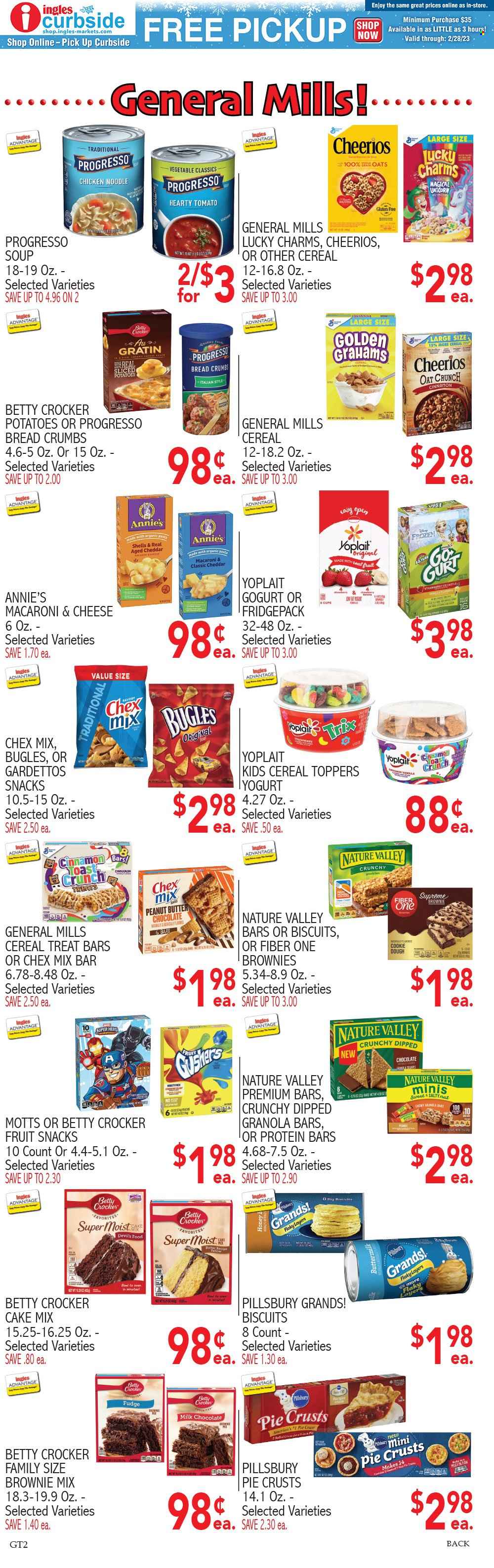 thumbnail - Ingles Flyer - 02/01/2023 - 02/07/2023 - Sales products - brownie mix, cake mix, potatoes, Mott's, macaroni & cheese, Pillsbury, noodles, Progresso, Annie's, yoghurt, Yoplait, cookie dough, fudge, milk chocolate, chocolate, biscuit, fruit snack, Chex Mix, pie crust, oats, cereals, Cheerios, protein bar, granola bar, Trix, Nature Valley, Fiber One, cinnamon, peanut butter, Castle, pan, cup, bowl. Page 5.