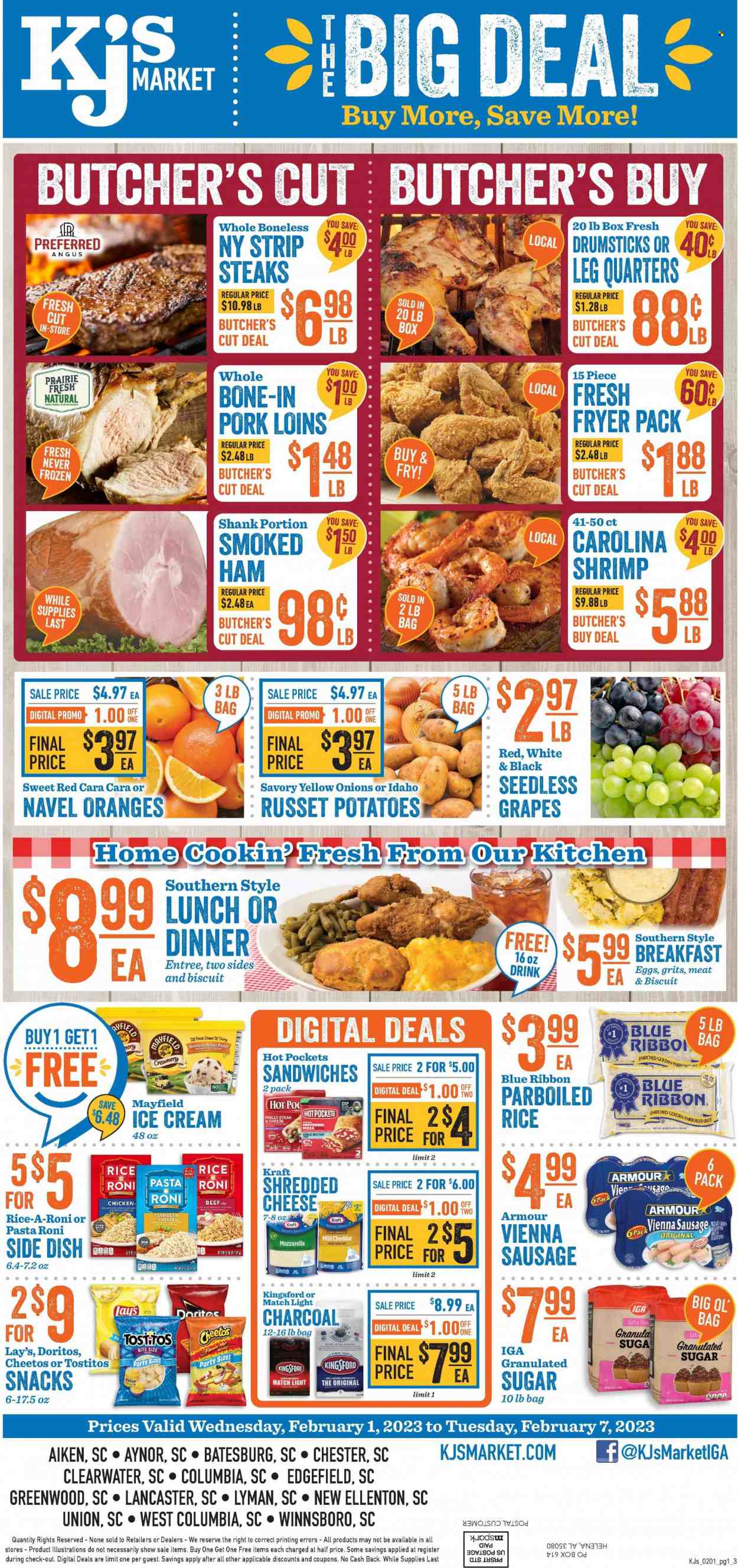 thumbnail - KJ´s Market Flyer - 02/01/2023 - 02/07/2023 - Sales products - garlic, russet potatoes, potatoes, onion, grapes, seedless grapes, oranges, shrimps, hot pocket, pizza, Kraft®, Kingsford, ham, smoked ham, sausage, vienna sausage, pepperoni, mild cheddar, shredded cheese, cheddar, parmesan, eggs, snack, biscuit, Doritos, Cheetos, Lay’s, Tostitos, granulated sugar, sugar, grits, rice, parboiled rice, steak, pin, charcoal, navel oranges. Page 1.