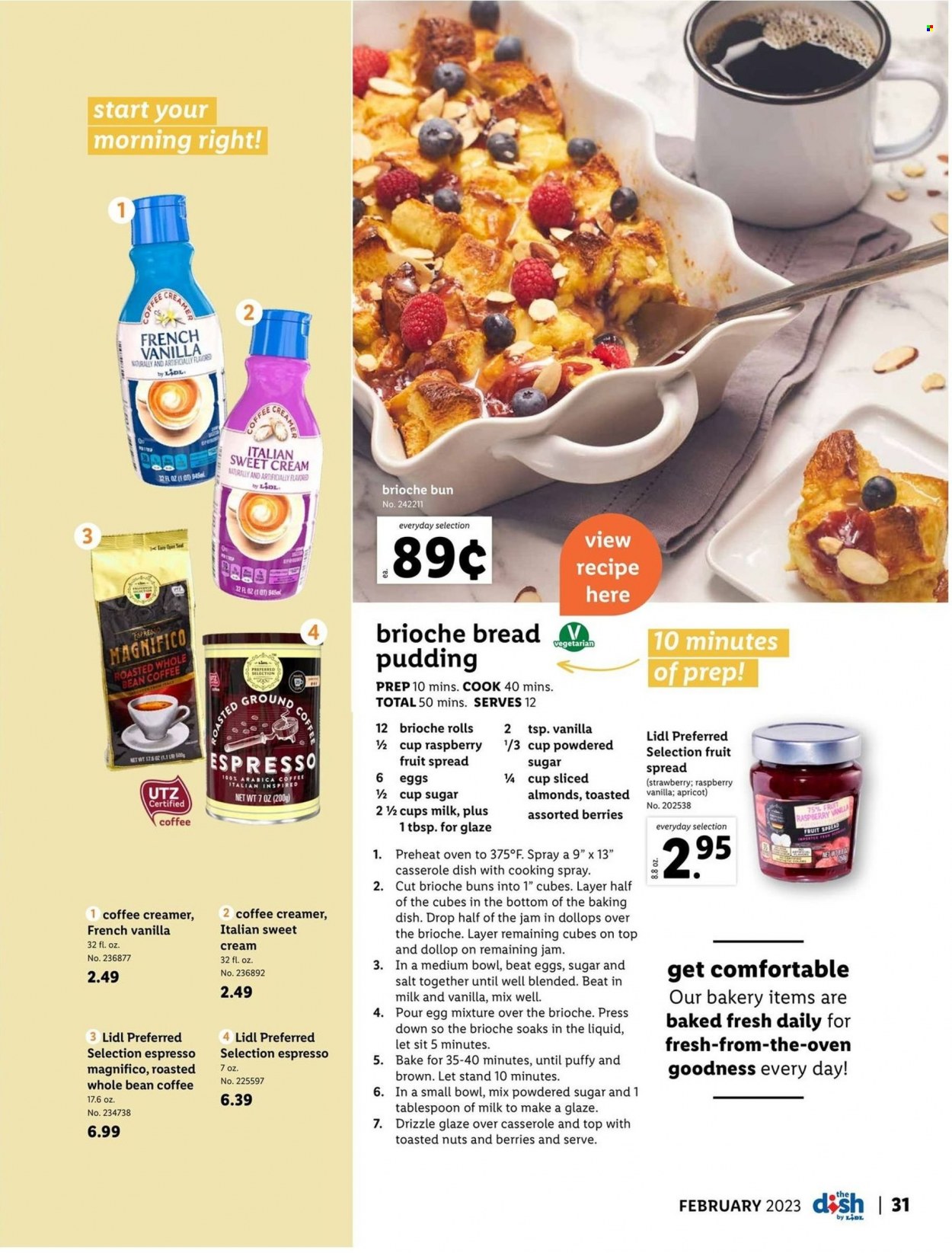 thumbnail - Lidl Flyer - 02/01/2023 - 02/28/2023 - Sales products - bread, buns, brioche, pudding, milk, eggs, creamer, icing sugar, fruit jam, almonds, casserole. Page 31.