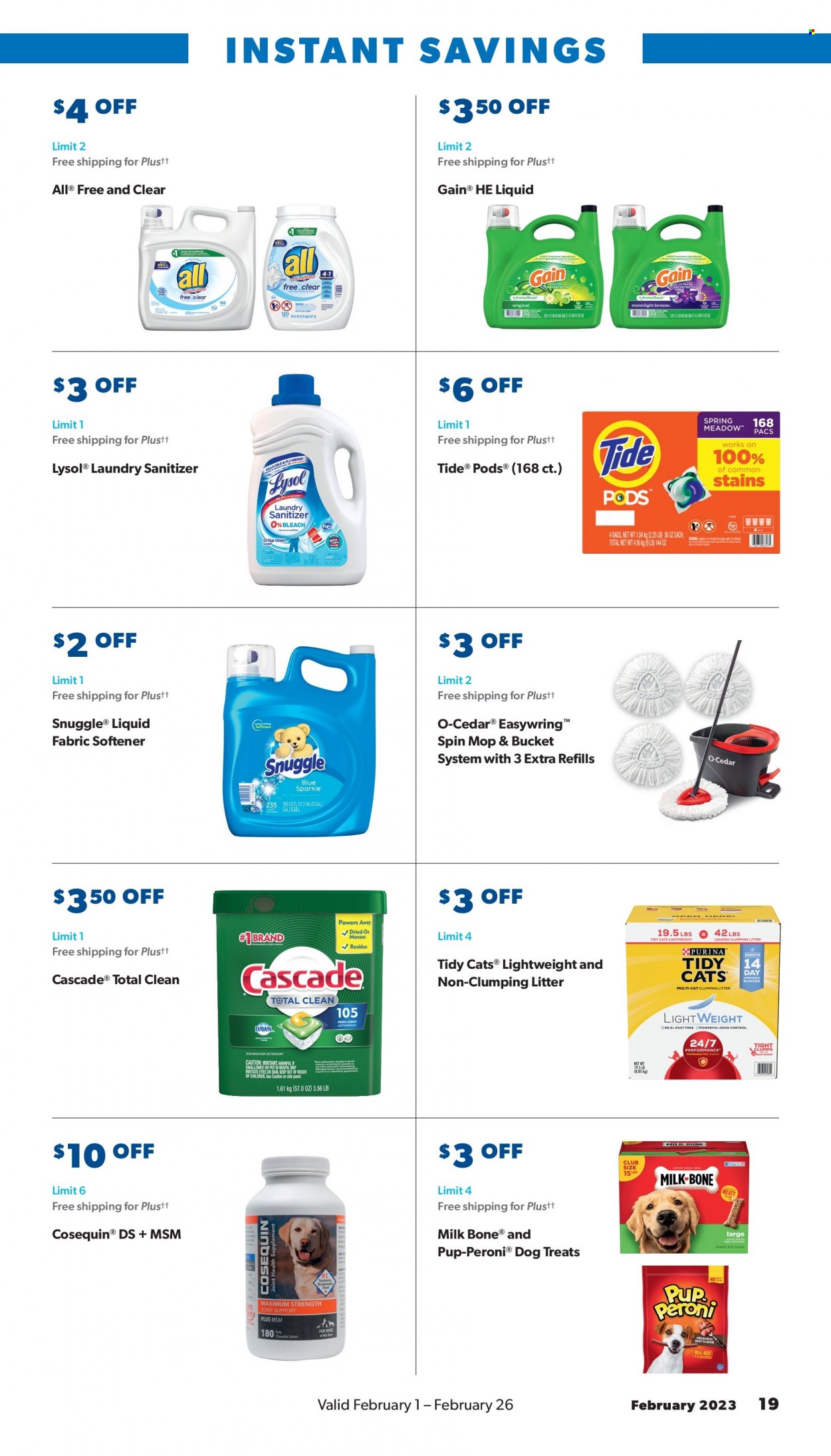 thumbnail - Sam's Club Flyer - 02/01/2023 - 02/26/2023 - Sales products - milk, Gain, Lysol, Cascade, Snuggle, Tide, fabric softener, spin mop, mop, cat litter, Pup-Peroni. Page 19.