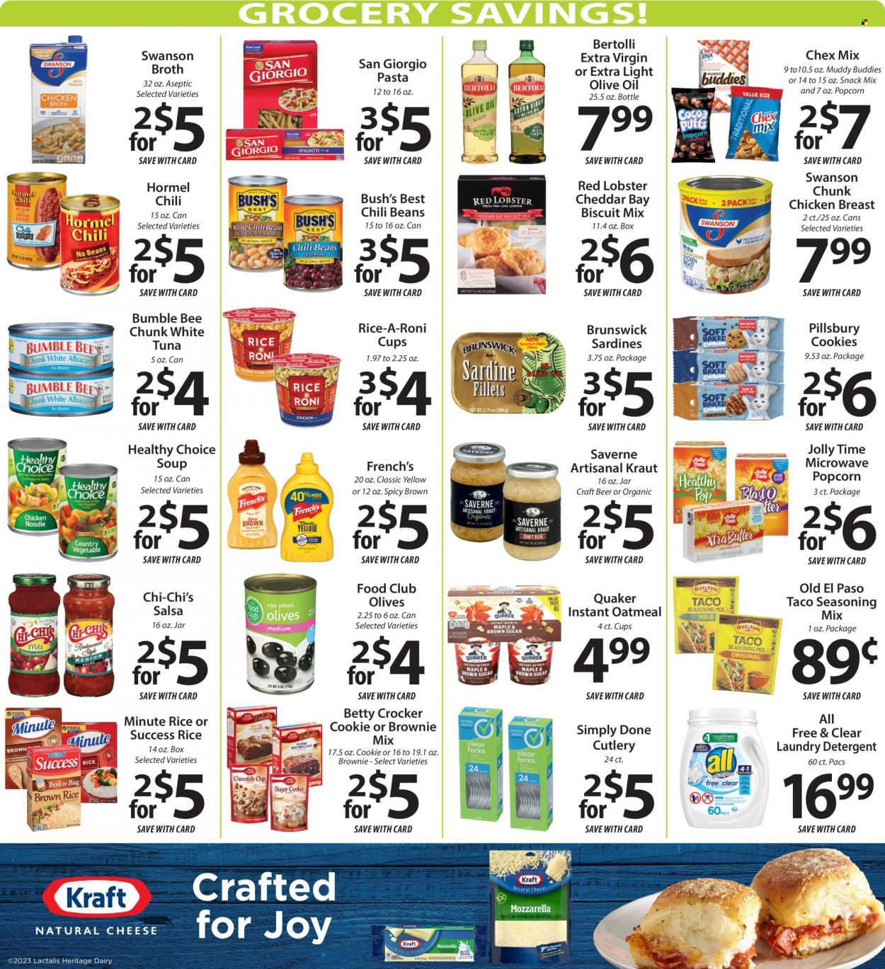 thumbnail - ACME Fresh Market Flyer - 02/02/2023 - 02/08/2023 - Sales products - Old El Paso, brownie mix, beans, lobster, sardines, tuna, soup, pasta, Bumble Bee, Pillsbury, Quaker, Healthy Choice, Bertolli, Hormel, cheddar, cheese, cookies, snack, biscuit, popcorn, Chex Mix, oatmeal, broth, olives, chili beans, spice, salsa, extra virgin olive oil, olive oil, oil, beer, chicken breasts, detergent, laundry detergent, Joy. Page 6.