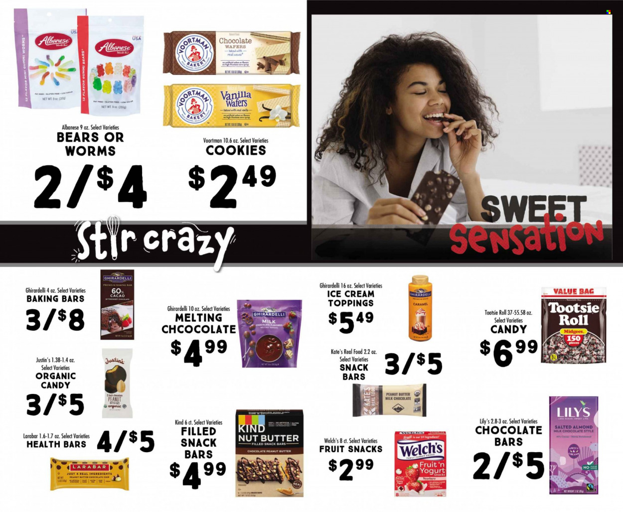 thumbnail - Fresh Market Flyer - 02/01/2023 - 02/28/2023 - Sales products - corn, Welch's, yoghurt, almond milk, bittersweet chocolate, cookies, milk chocolate, wafers, chocolate wafer, dark chocolate, fruit snack, snack bar, Ghirardelli, chocolate bar, cocoa, stevia, caramel, corn syrup, peanut butter, syrup, nut butter, bag. Page 15.