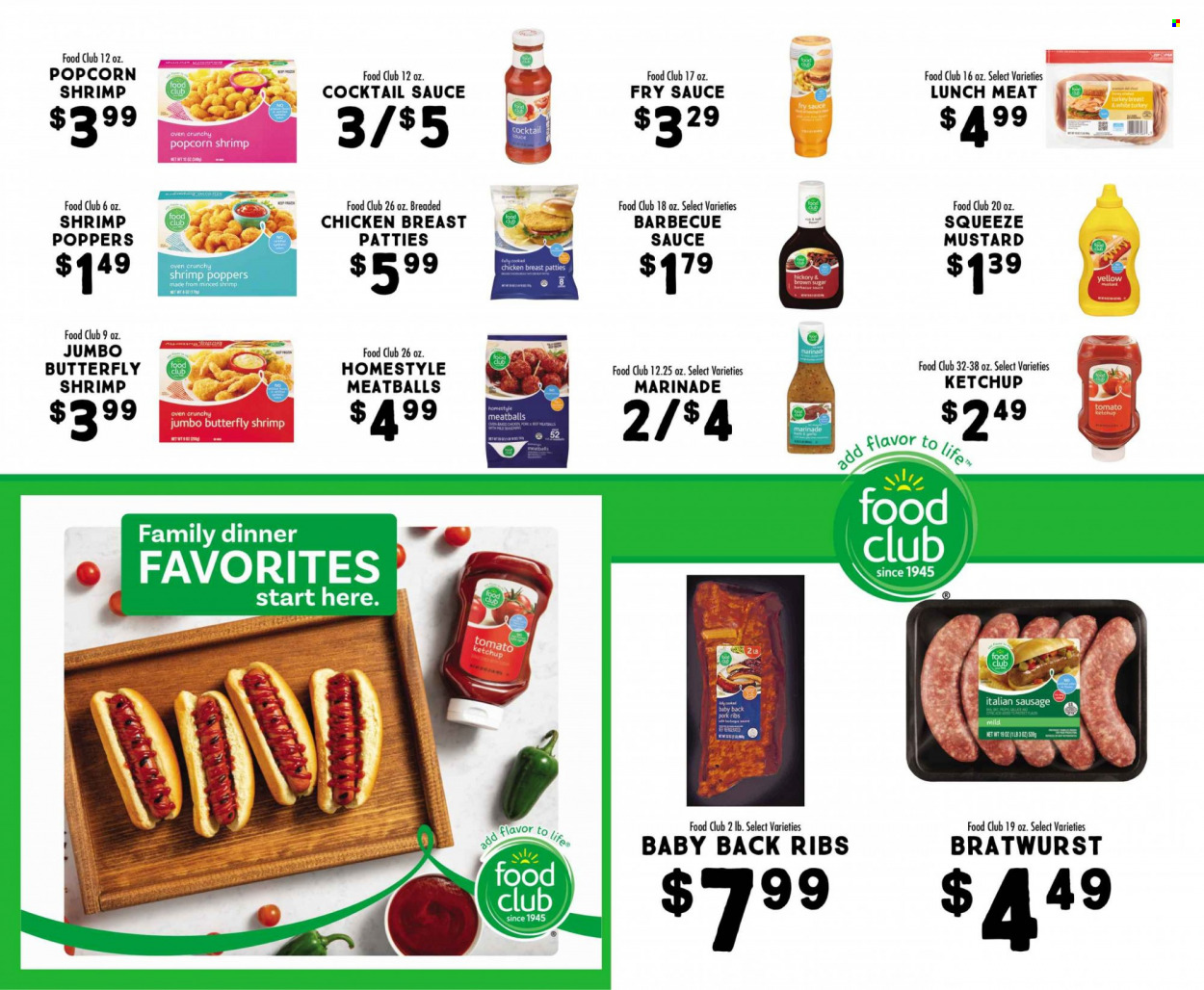 thumbnail - Fresh Market Flyer - 02/01/2023 - 02/28/2023 - Sales products - shrimps, meatballs, sauce, fried chicken, bratwurst, sausage, italian sausage, lunch meat, cane sugar, BBQ sauce, cocktail sauce, mustard, ketchup, marinade, turkey breast, ribs, pork meat, pork ribs, pork back ribs. Page 18.
