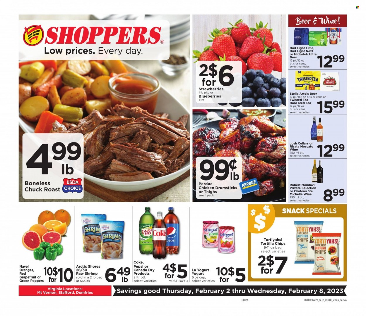 thumbnail - Shoppers Flyer - 02/02/2023 - 02/08/2023 - Sales products - corn, peppers, blueberries, grapefruits, oranges, shrimps, Arctic Shores, Perdue®, yoghurt, snack, tortilla chips, chips, Canada Dry, Coca-Cola, ginger ale, Pepsi, ice tea, wine, Moscato, beer, Stella Artois, Bud Light, chicken drumsticks, beef meat, chuck roast, Twisted Tea, Michelob, navel oranges. Page 1.