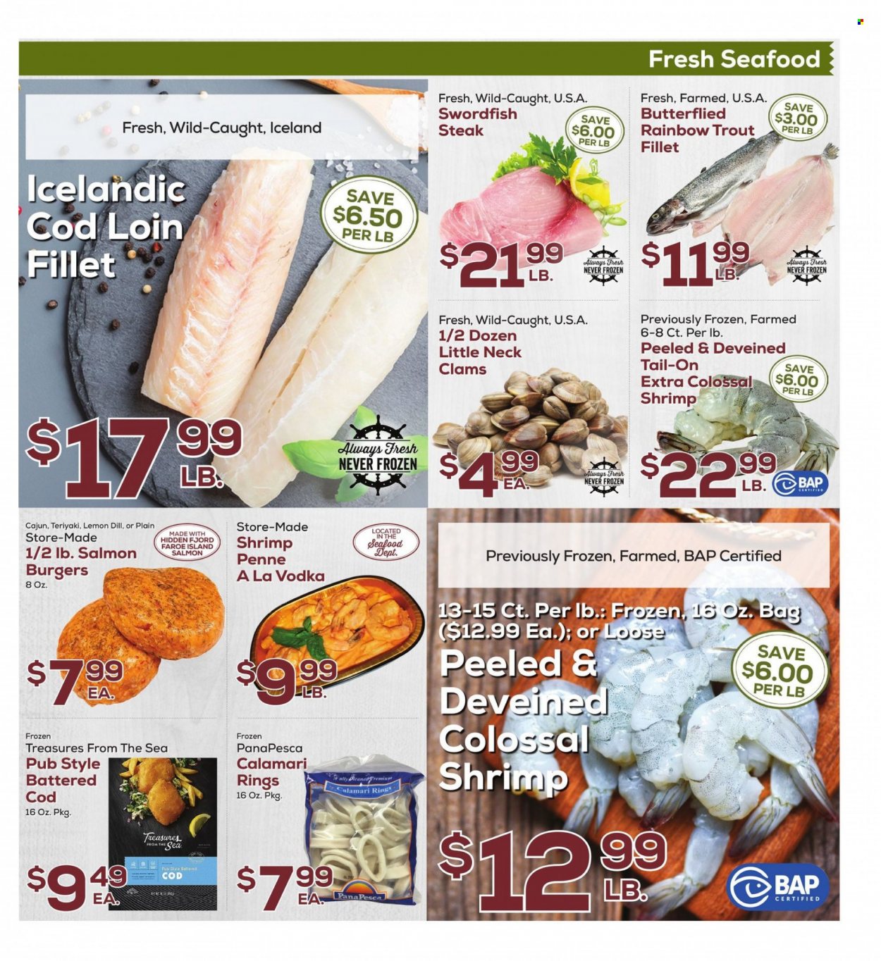 thumbnail - DeCicco & Sons Flyer - 02/03/2023 - 02/09/2023 - Sales products - calamari, clams, cod, salmon, swordfish, trout, seafood, shrimps, hamburger, penne, dill, vodka, steak. Page 5.