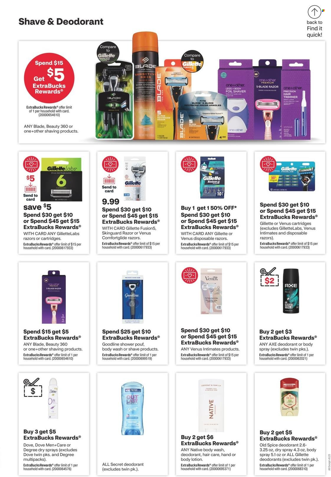 thumbnail - CVS Pharmacy Flyer - 02/05/2023 - 02/11/2023 - Sales products - Dove, body wash, Old Spice, conditioner, body lotion, body spray, anti-perspirant, deodorant, Axe, Gillette, razor, shave gel, Venus, shaver, disposable razor, trimmer. Page 17.