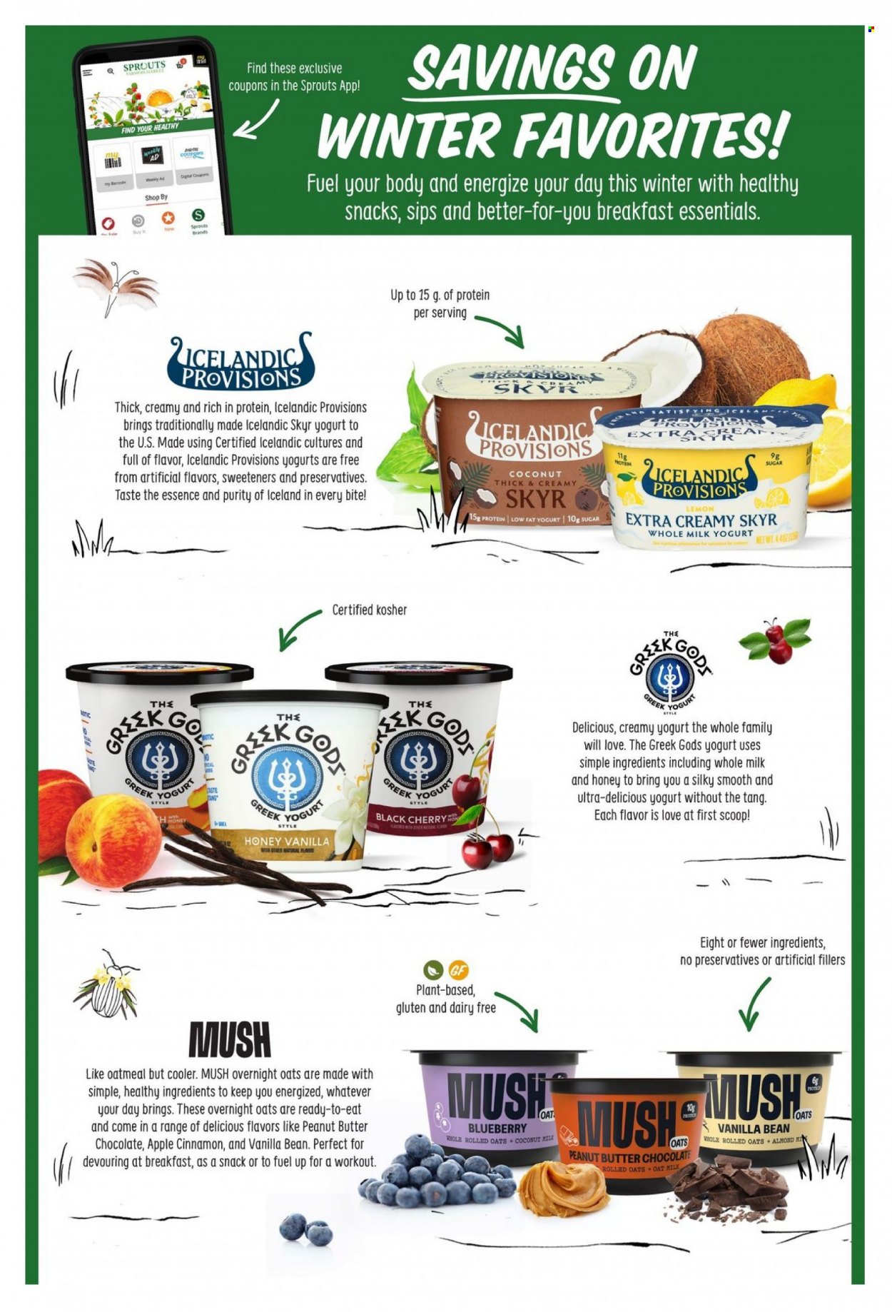 thumbnail - Sprouts Flyer - 02/01/2023 - 02/28/2023 - Sales products - greek yoghurt, yoghurt, milk, oat milk, chocolate, snack, sugar, oatmeal, rolled oats, cinnamon, honey, peanut butter, Purity. Page 9.