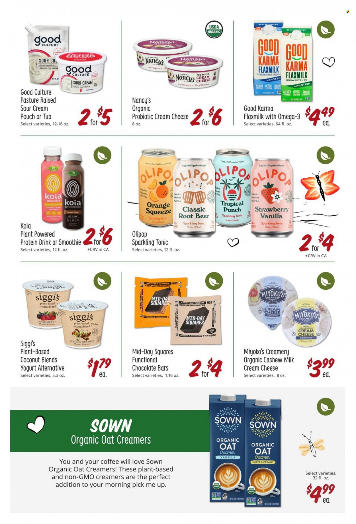 thumbnail - Sprouts Flyer - 02/01/2023 - 02/28/2023 - Sales products - oranges, coconut, cream cheese, cheese, yoghurt, milk, protein drink, koia, sour cream, creamer, fudge, chocolate bar, cinnamon, tonic, fruit punch, smoothie, coffee, beer, probiotics, Omega-3. Page 22.