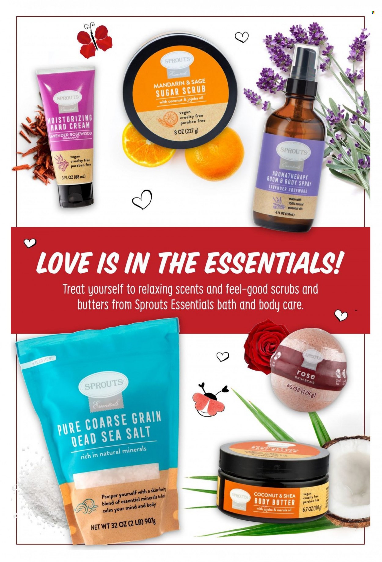 thumbnail - Sprouts Flyer - 02/01/2023 - 02/28/2023 - Sales products - mandarines, sugar, sea salt, rosé wine, bath bomb, body butter, body spray, hand cream, fragrance, essential oils, Pamper. Page 27.