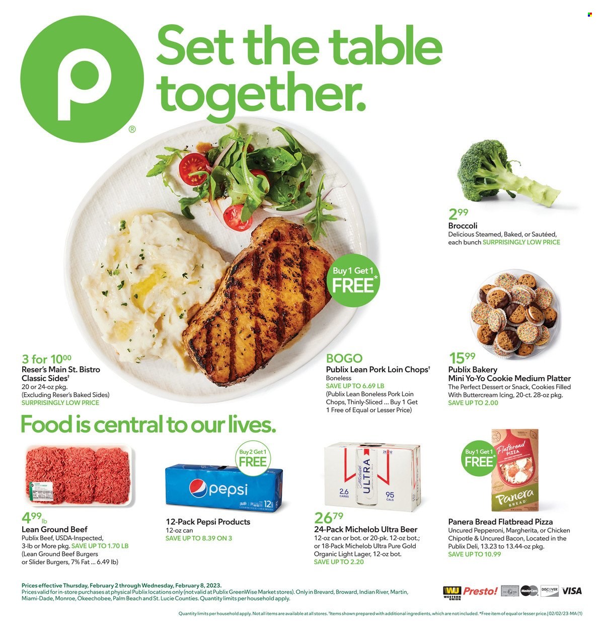 thumbnail - Publix Flyer - 02/02/2023 - 02/08/2023 - Sales products - flatbread, pizza, hamburger, beef burger, bacon, pepperoni, cookies, Pepsi, beer, Lager, beef meat, ground beef, pork chops, pork loin, pork meat, Michelob. Page 1.