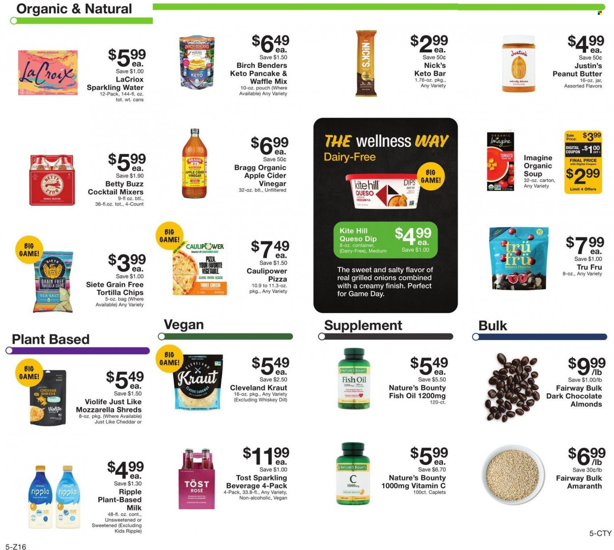 thumbnail - Fairway Market Flyer - 02/03/2023 - 02/09/2023 - Sales products - pizza, soup, pancakes, milk, dip, chocolate, dark chocolate, tortilla chips, chips, dill, apple cider vinegar, oil, peanut butter, tonic, sparkling water, tea, rosé wine, whiskey, whisky. Page 5.