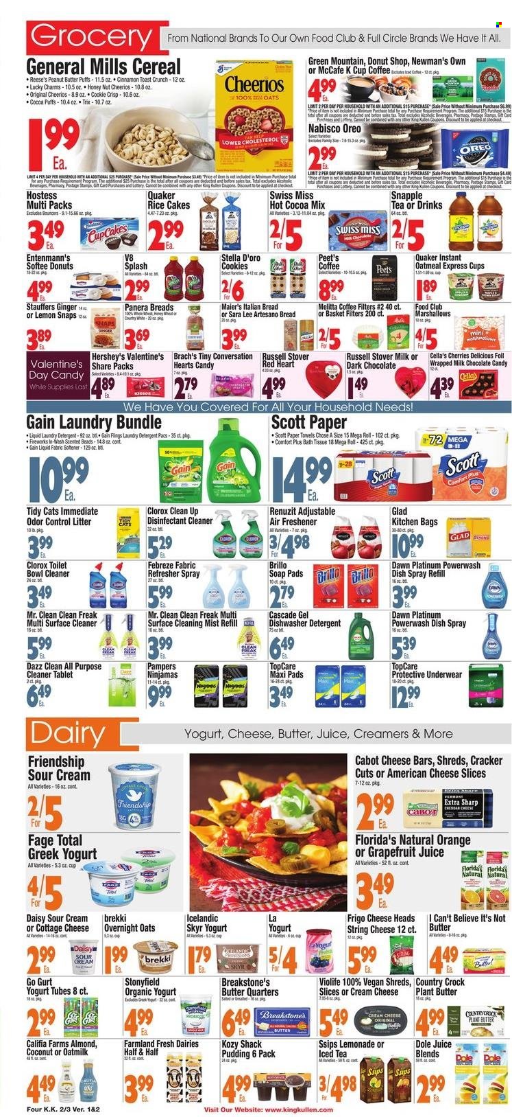 thumbnail - King Kullen Flyer - 02/03/2023 - 02/09/2023 - Sales products - bread, Sara Lee, cupcake, puffs, Entenmann's, Dole, cherries, oranges, coconut, Quaker, american cheese, cottage cheese, sliced cheese, string cheese, cheese, greek yoghurt, pudding, Oreo, yoghurt, organic yoghurt, Swiss Miss, oat milk, I Can't Believe It's Not Butter, sour cream, Reese's, Hershey's, cookies, marshmallows, milk chocolate, crackers, dark chocolate, chocolate candies, Florida's Natural, oatmeal, cereals, Cheerios, Trix, cinnamon, peanut butter, lemonade, juice, ice tea, Snapple, hot cocoa, coffee capsules, McCafe, K-Cups, Green Mountain, Red Heart, bath tissue, Scott, kitchen towels, paper towels, detergent, Gain, surface cleaner, cleaner, desinfection, all purpose cleaner, Clorox, fabric softener, laundry detergent, bag, Renuzit, Half and half. Page 4.