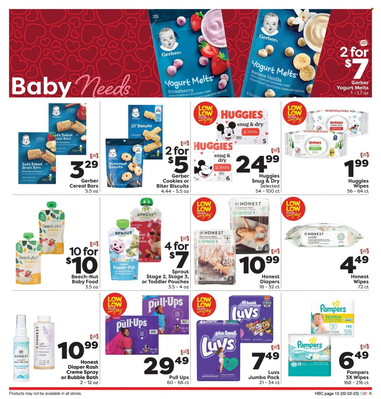 thumbnail - Weis Flyer - 02/02/2023 - 03/01/2023 - Sales products - kiwi, yoghurt, cookies, snack, cereal bar, biscuit, Gerber, cereals, cinnamon, baby food pouch, wipes, Huggies, Pampers, nappies, bubble bath, eau de parfum. Page 10.