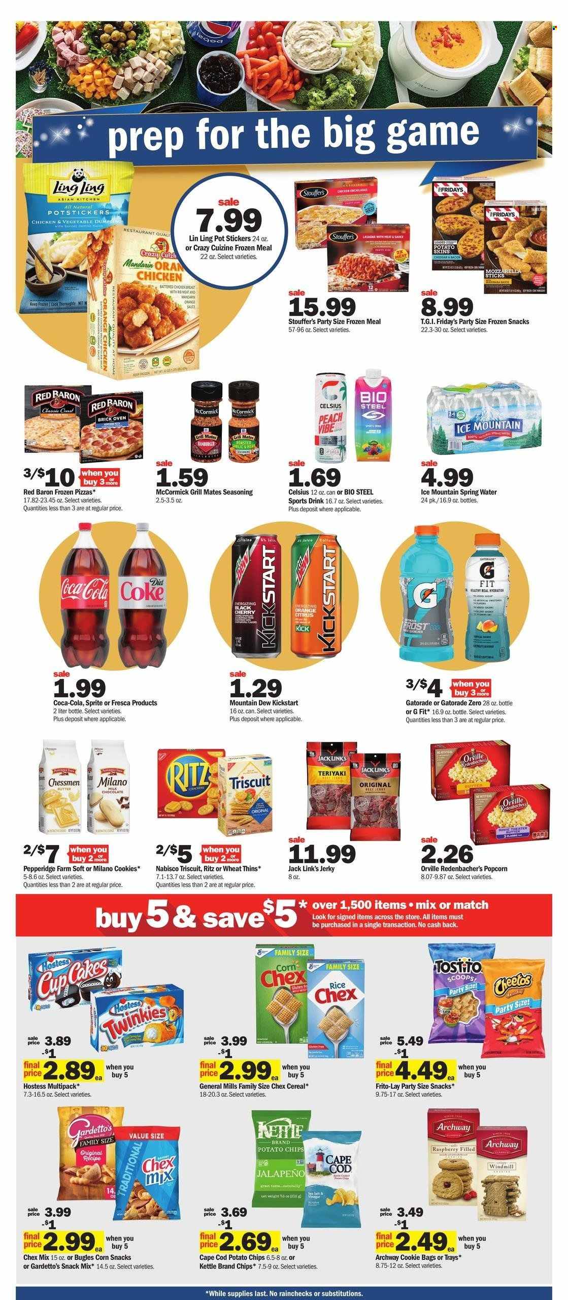 thumbnail - Meijer Flyer - 02/05/2023 - 02/11/2023 - Sales products - jalapeño, mandarines, cherries, oranges, cod, pizza, lasagna meal, bacon, jerky, mozzarella, cheese, Stouffer's, Red Baron, cookies, chocolate, snack, RITZ, potato chips, Cheetos, Thins, popcorn, Frito-Lay, Jack Link's, Chex Mix, cereals, rice, spice, Coca-Cola, Mountain Dew, Sprite, Gatorade, spring water, Ice Mountain, Crest, bag, pot, sticker, oven, grill. Page 5.