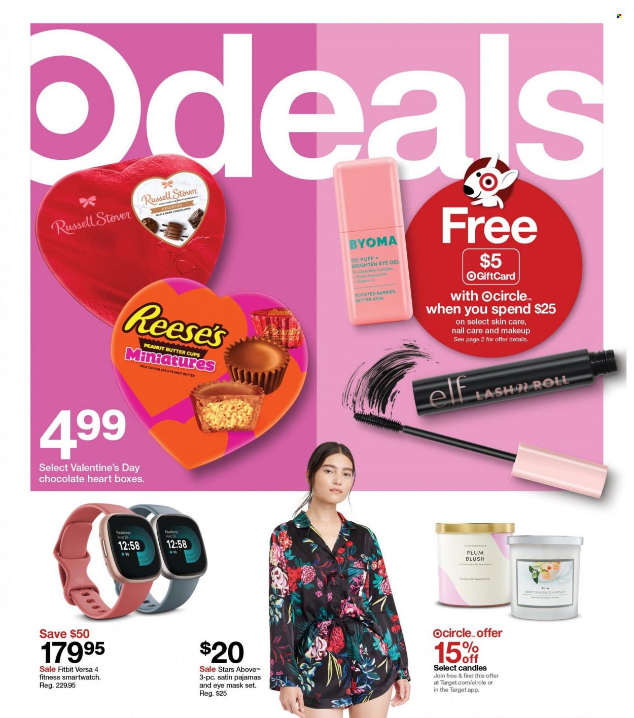 thumbnail - Target Flyer - 02/05/2023 - 02/11/2023 - Sales products - Reese's, milk chocolate, chocolate, peanut butter cups, eye gel, Target, candle, Fitbit, smart watch, Elf, pajamas, vitamin c. Page 1.