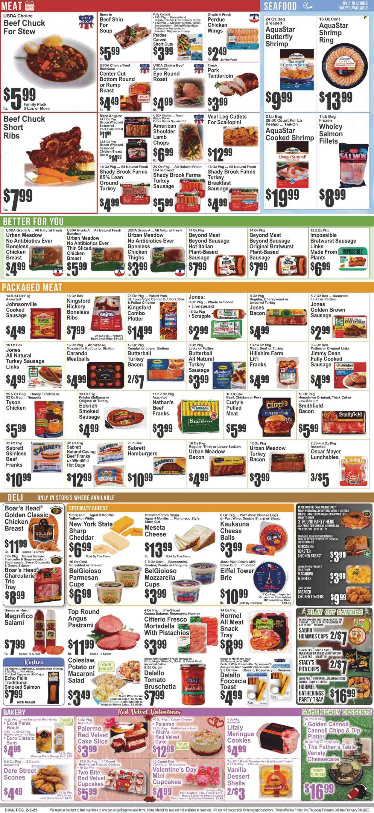 thumbnail - Key Food Flyer - 02/03/2023 - 02/09/2023 - Sales products - bread, cake, buns, soda bread, Father's Table, cupcake, cheesecake, dessert shells, salad, salmon, smoked salmon, seafood, shrimps, coleslaw, macaroni & cheese, hot dog, meatballs, soup, nuggets, hamburger, tortellini, fajita, Perdue®, Lunchables, pulled pork, pulled chicken, Jimmy Dean, Hormel, Kingsford, bruschetta, bacon, Butterball, mortadella, salami, soppressata, turkey bacon, Hillshire Farm, prosciutto, pastrami, Johnsonville, Oscar Mayer, bratwurst, sausage, smoked sausage, pepperoni, kielbasa, hummus, guacamole, macaroni salad, seafood salad, bocconcini, cream cheese, Gruyere, Manchego, parmesan, brie, milk, whipped cream, dip, pizza dough, chicken wings, strips, chicken strips, cookies, snack, Thins, pita chips, rosemary, extra virgin olive oil, olive oil, oil, wine, port wine, ground turkey, chicken thighs, beef meat, round roast, ribs, pork loin, pork meat, pork ribs, pork tenderloin, pork back ribs, lamb chops, lamb meat, cup. Page 7.