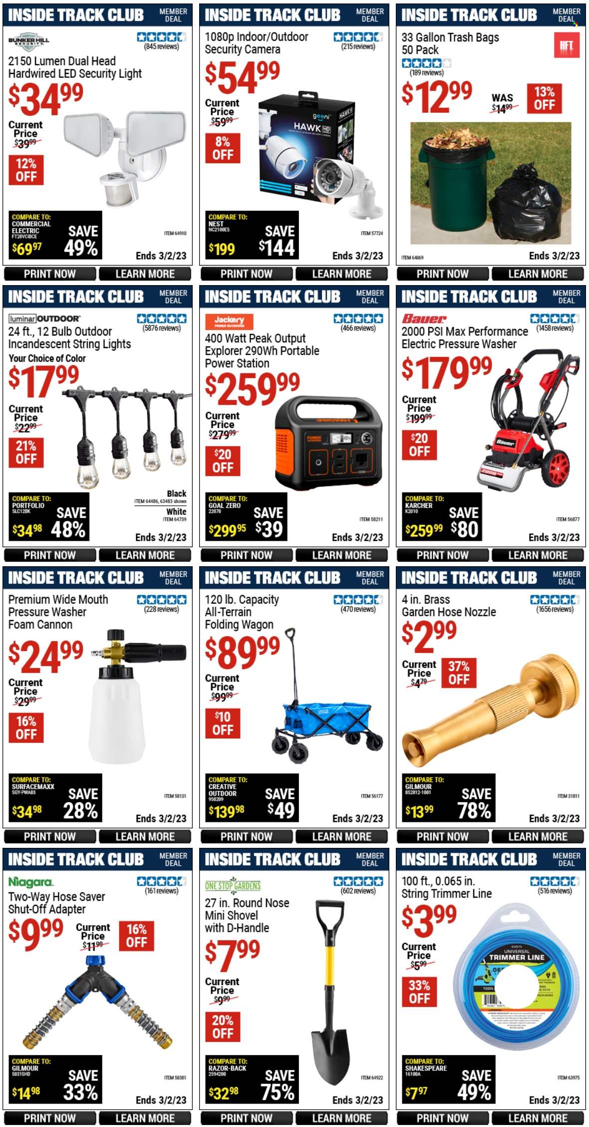 thumbnail - Harbor Freight Flyer - 02/03/2023 - 03/02/2023 - Sales products - gallon, bulb, adapter, bag, string lights, string trimmer, trimmer line, shovel, electric pressure washer, pressure washer, garden hose. Page 8.