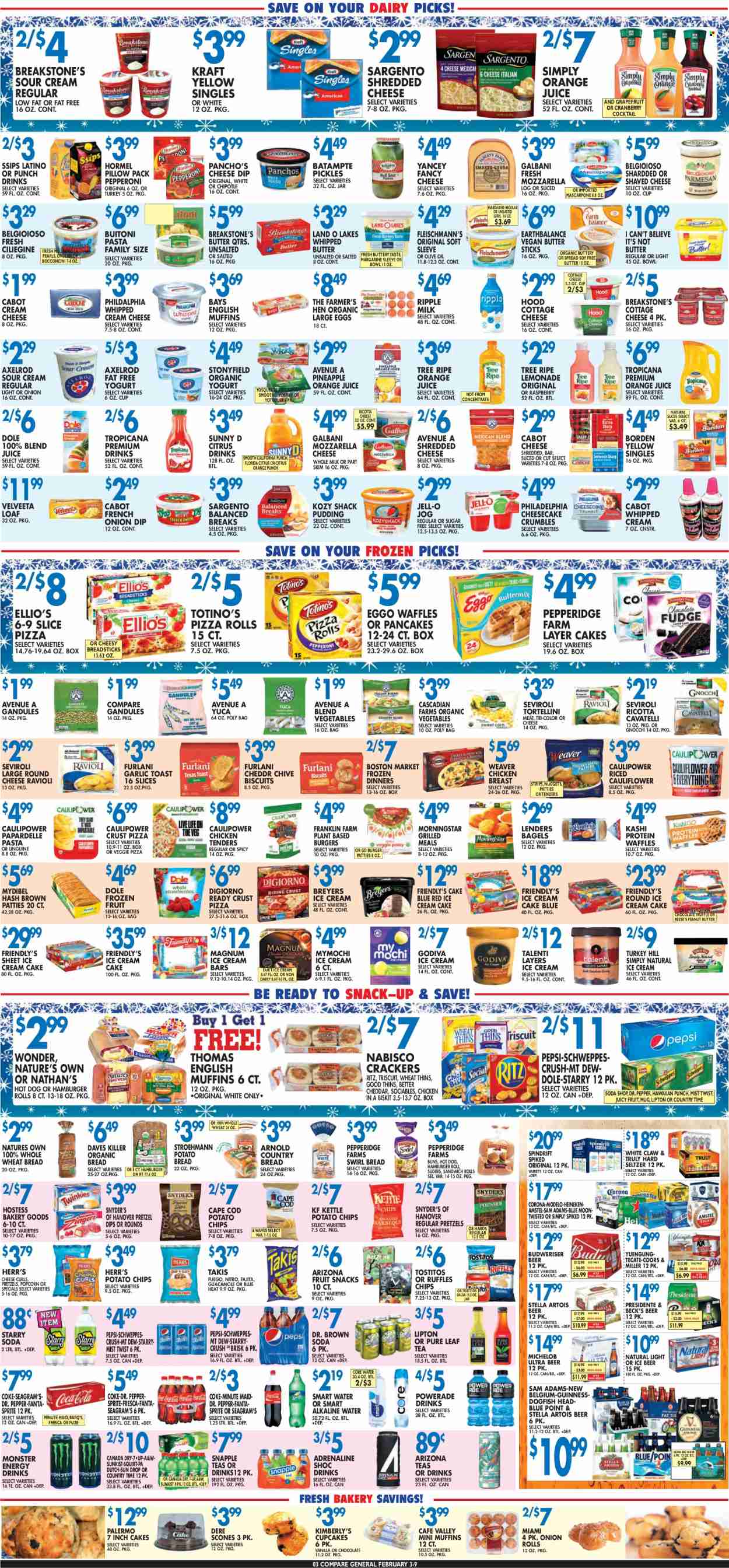 thumbnail - Compare Foods Flyer - 02/03/2023 - 02/09/2023 - Sales products - bagels, english muffins, wheat bread, pretzels, cake, pizza rolls, buns, burger buns, sandwich rolls, cupcake, waffles, Dole, grapefruits, pineapple, cod, gnocchi, ravioli, hot dog, pizza, chicken tenders, nuggets, hamburger, pasta, sauce, tortellini, fajita, Kraft®, Hormel, Buitoni, pepperoni, guacamole, bocconcini, cottage cheese, mascarpone, shredded cheese, Philadelphia, Galbani, Sargento, pudding, yoghurt, organic yoghurt, milk, large eggs, margarine, whipped butter, I Can't Believe It's Not Butter, sour cream, whipped cream, dip, ice cream, ice cream bars, Reese's, Talenti Gelato, Friendly's Ice Cream, strips, truffles, Godiva, crackers, biscuit, fruit snack, RITZ, bread sticks, potato chips, Thins, popcorn, Ruffles, Tostitos, Jell-O, pickles, pesto, salsa, olive oil, oil, peanut butter, Canada Dry, Coca-Cola, lemonade, Powerade, Pepsi, orange juice, juice, energy drink, Monster, Lipton, Dr. Pepper, 7UP, Monster Energy, AriZona, Snapple, A&W, Country Time, Spindrift, fruit punch, smoothie, soda, Smartwater, alkaline water, tea, Pure Leaf, White Claw, Hard Seltzer, TRULY, beer, Stella Artois, Corona Extra, Miller, Beck's, Modelo, chicken breasts, burger patties, bowl, Nature's Own, Coors, Michelob. Page 3.