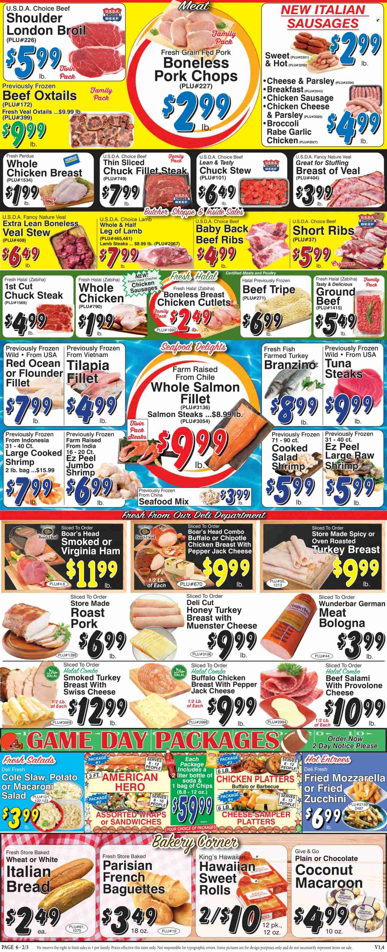 thumbnail - Trade Fair Supermarket Flyer - 02/03/2023 - 02/09/2023 - Sales products - baguette, bread, wraps, sweet rolls, broccoli, garlic, zucchini, parsley, broccolini, coconut, flounder, salmon, salmon fillet, tilapia, tuna, seafood, fish, shrimps, Perdue®, salami, ham, virginia ham, sausage, chicken sausage, macaroni salad, mozzarella, Pepper Jack cheese, Münster cheese, Provolone, chocolate, honey, soda, whole chicken, chicken breasts, chicken cutlets, beef meat, beef ribs, beef tripe, ground beef, steak, chuck steak, ribs, pork chops, pork meat, pork ribs, pork back ribs, lamb leg. Page 6.