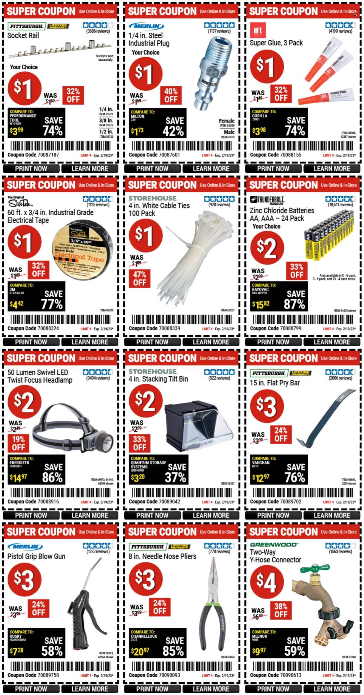 thumbnail - Harbor Freight Flyer - 02/06/2023 - 02/19/2023 - Sales products - battery, Energizer, aa batteries, gun, headlamp, glue, switch, socket, pliers, pry bar. Page 1.