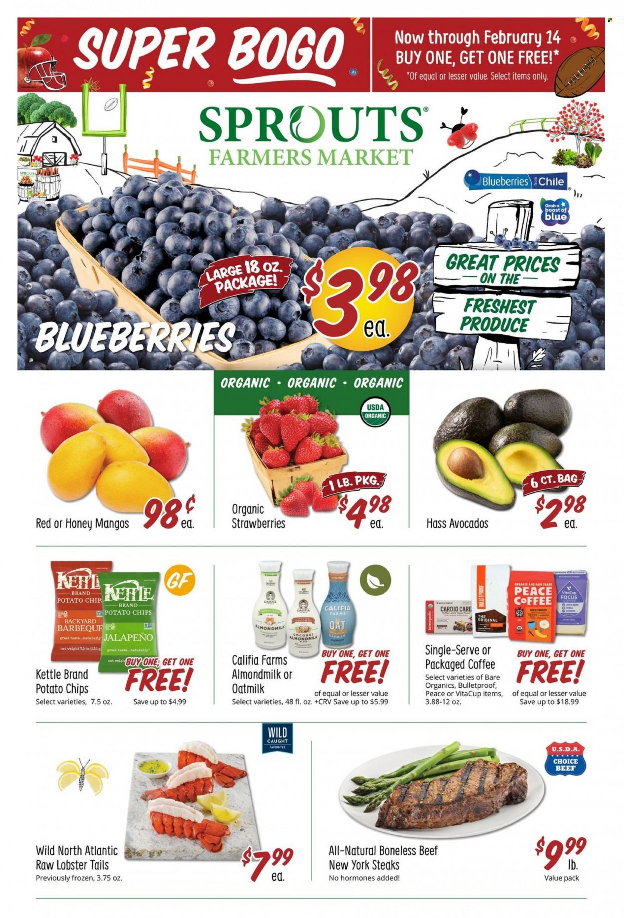 thumbnail - Sprouts Flyer - 02/08/2023 - 02/14/2023 - Sales products - jalapeño, avocado, blueberries, strawberries, lobster, lobster tail, almond milk, oat milk, potato chips, oats, Boost, coffee, steak, bag. Page 1.