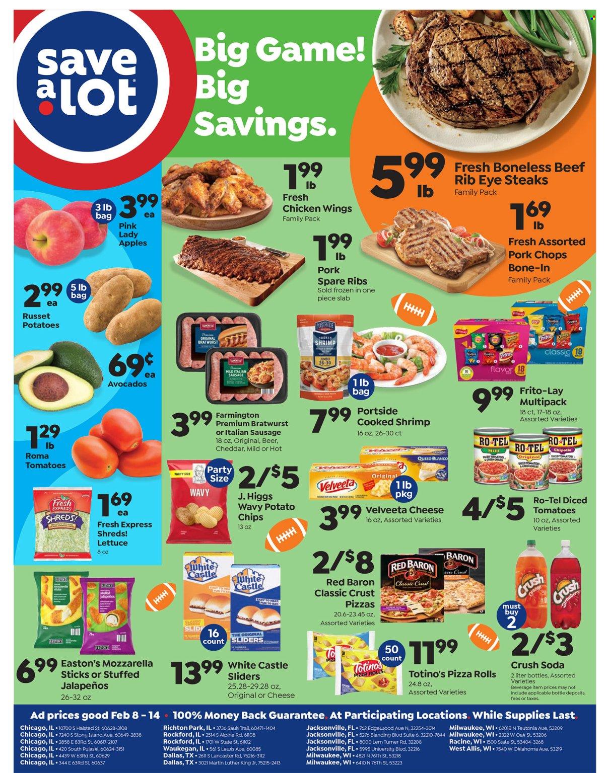 thumbnail - Save a Lot Flyer - 02/08/2023 - 02/14/2023 - Sales products - pizza rolls, russet potatoes, lettuce, apples, avocado, oranges, Pink Lady, shrimps, pizza, bratwurst, sausage, italian sausage, chicken wings, Red Baron, potato chips, Frito-Lay, diced tomatoes, soda, beer, Castle, beef meat, steak, ribs, pork chops, pork meat, pork ribs, pork spare ribs. Page 1.