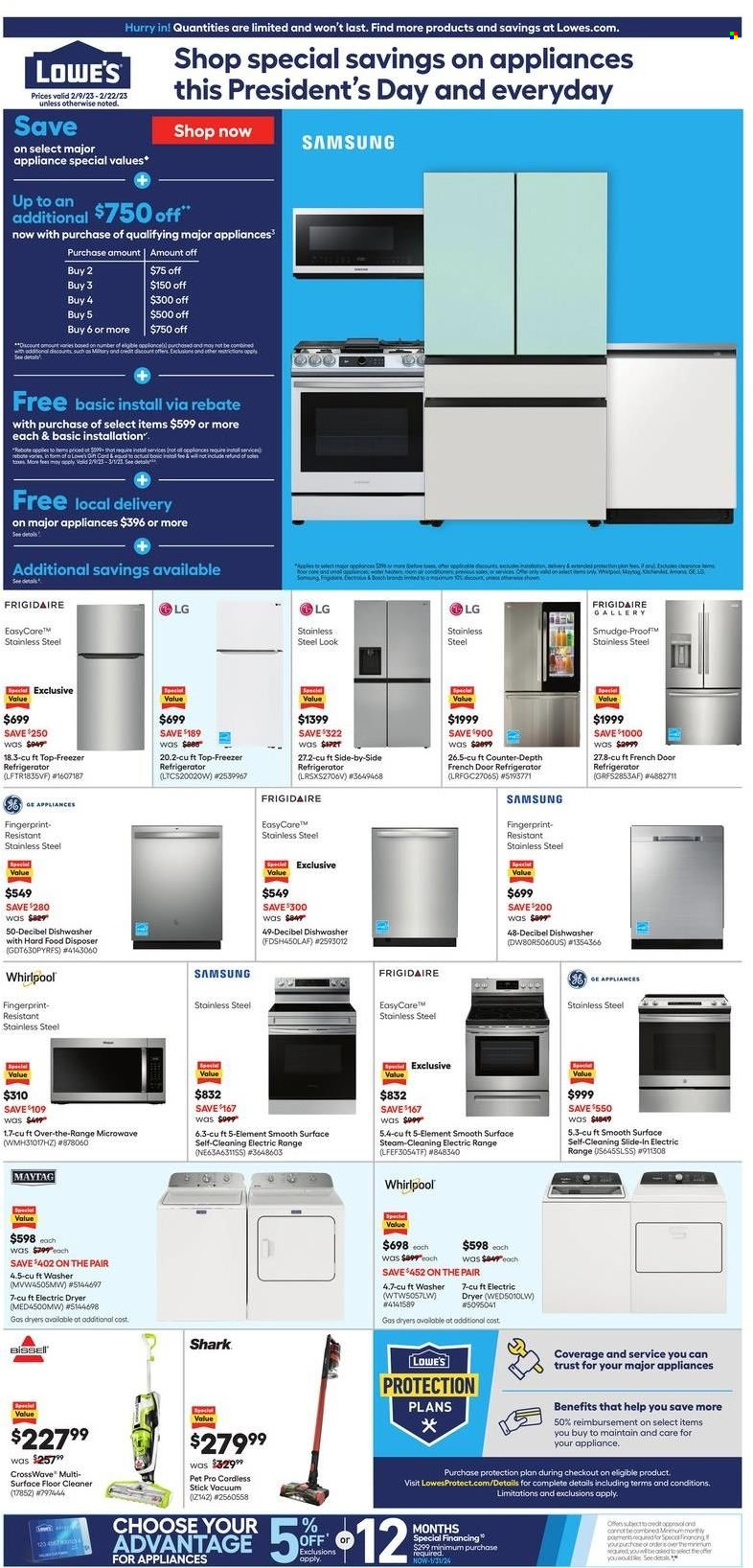 thumbnail - Lowe's Flyer - 02/09/2023 - 02/22/2023 - Sales products - cleaner, floor cleaner, Samsung, LG, Whirlpool, freezer, french door refrigerator, refrigerator, fridge, electric range, microwave, dishwasher, Maytag, washing machine, electric dryer, Bissell. Page 1.