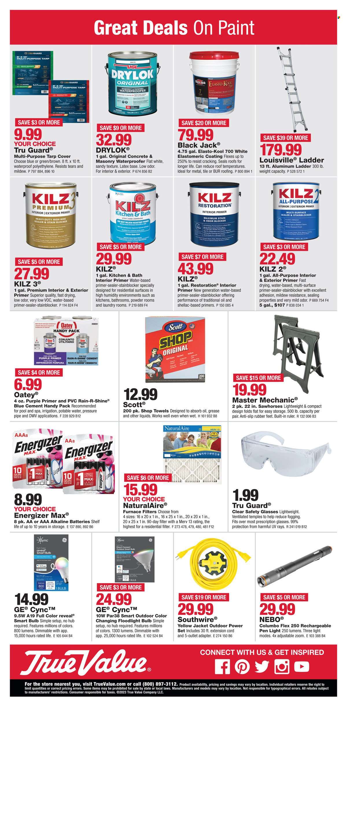 thumbnail - True Value Flyer - 02/27/2023 - 04/01/2023 - Sales products - pipe, water, bulb, Energizer, alkaline batteries, Scott, ladder, paint, floodlight, flooring, extension cord, pool. Page 4.